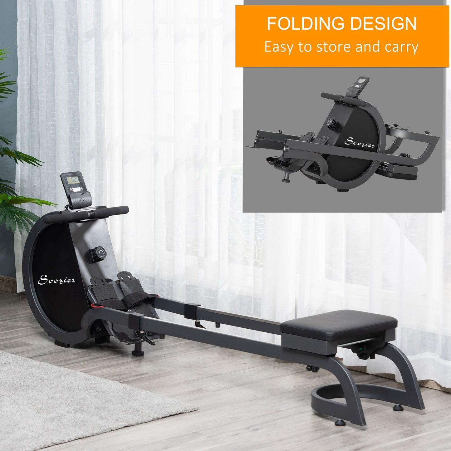 Rowing Machine with 16 Adjustable Resistance Levels Magnetic Foldable Rower with 2 Aluminum Slide Rails, Digital Monitor, for Home Use, Gym, Office