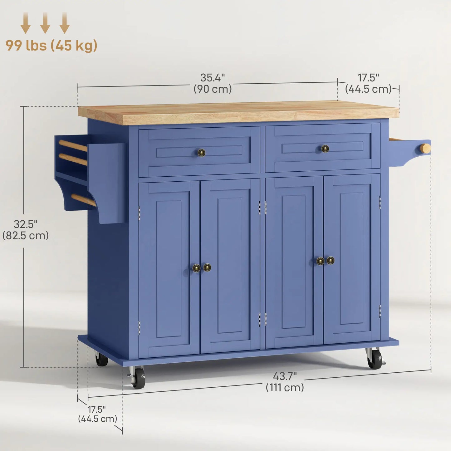 Kitchen Island with Storage, with Rubber Wood Top, Spice Rack, Towel Rack, Navy Blue