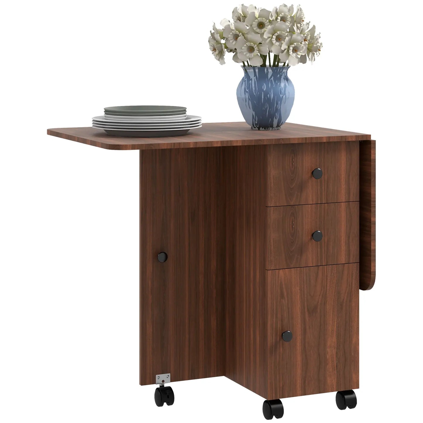 Drop Leaf kitchen Dining Table, on Wheels with Drawers and Cabinet in Brown