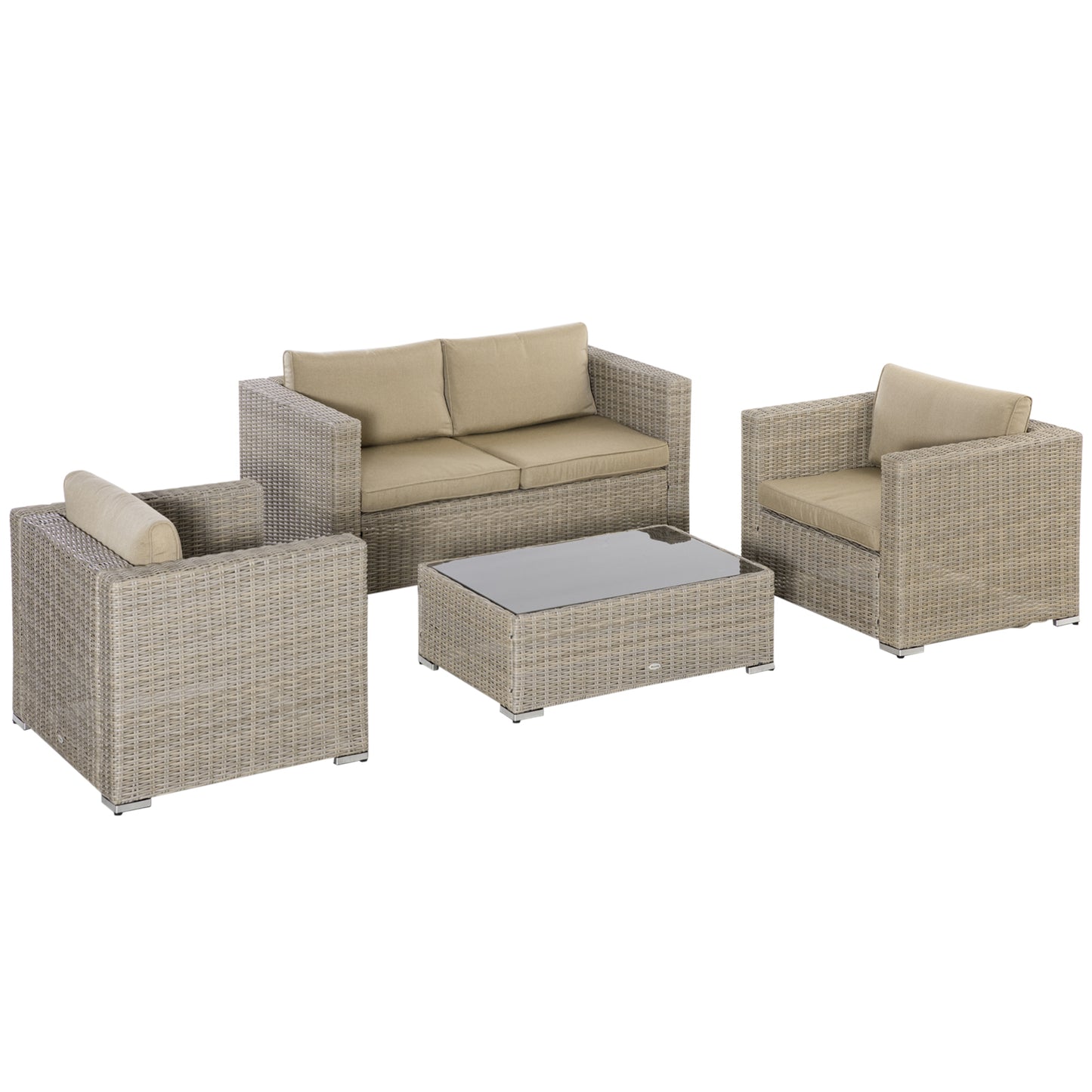 4 Pieces Patio Wicker Furniture Set, Outdoor PE Rattan Sofa Set, Sectional Conversation All Weather Resistant Sofa Furniture, w/ Extra Wide Seat, Cushion & Glass Top Table, Beige