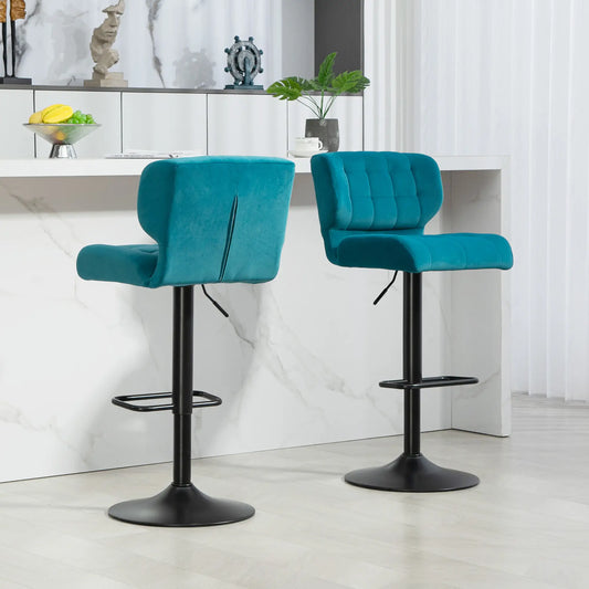 Swivel Tufted Velvet-feel Fabric Barstools Set of 2, Height Adjustable with Footrest Blue