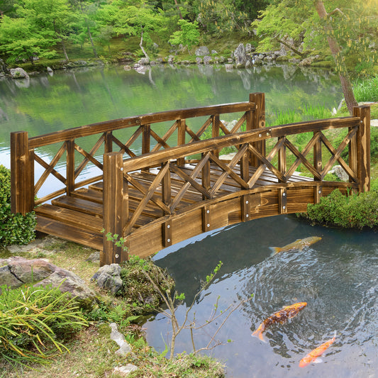 4FT Wooden Garden Bridge, Arc Footbridge with Safety Rails, Outdoor Decorative Landscaping for Pond Backyard Stream, Stained Wood