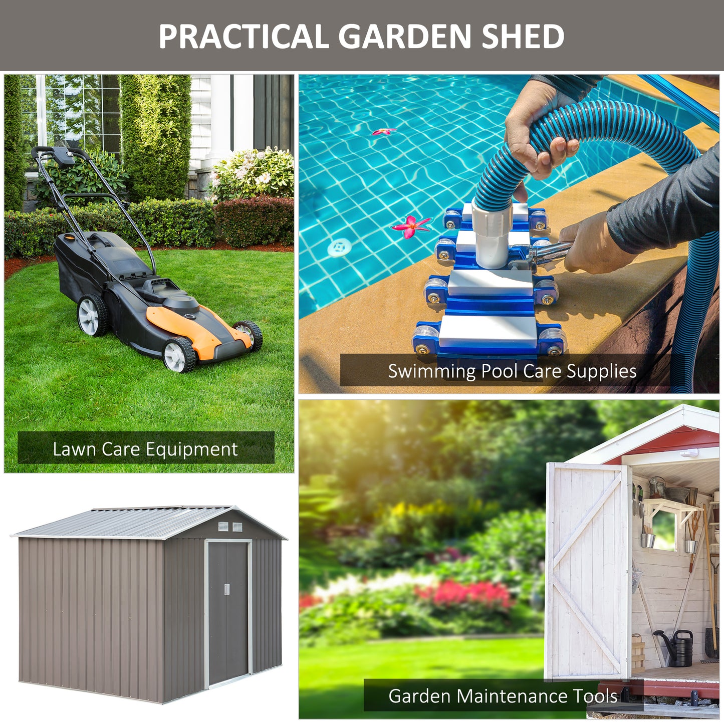 9.1' x 6.4' x 6.3' Garden Storage Shed w/Floor Foundation Outdoor Patio Yard Metal Tool Storage House w/ Double Doors Grey