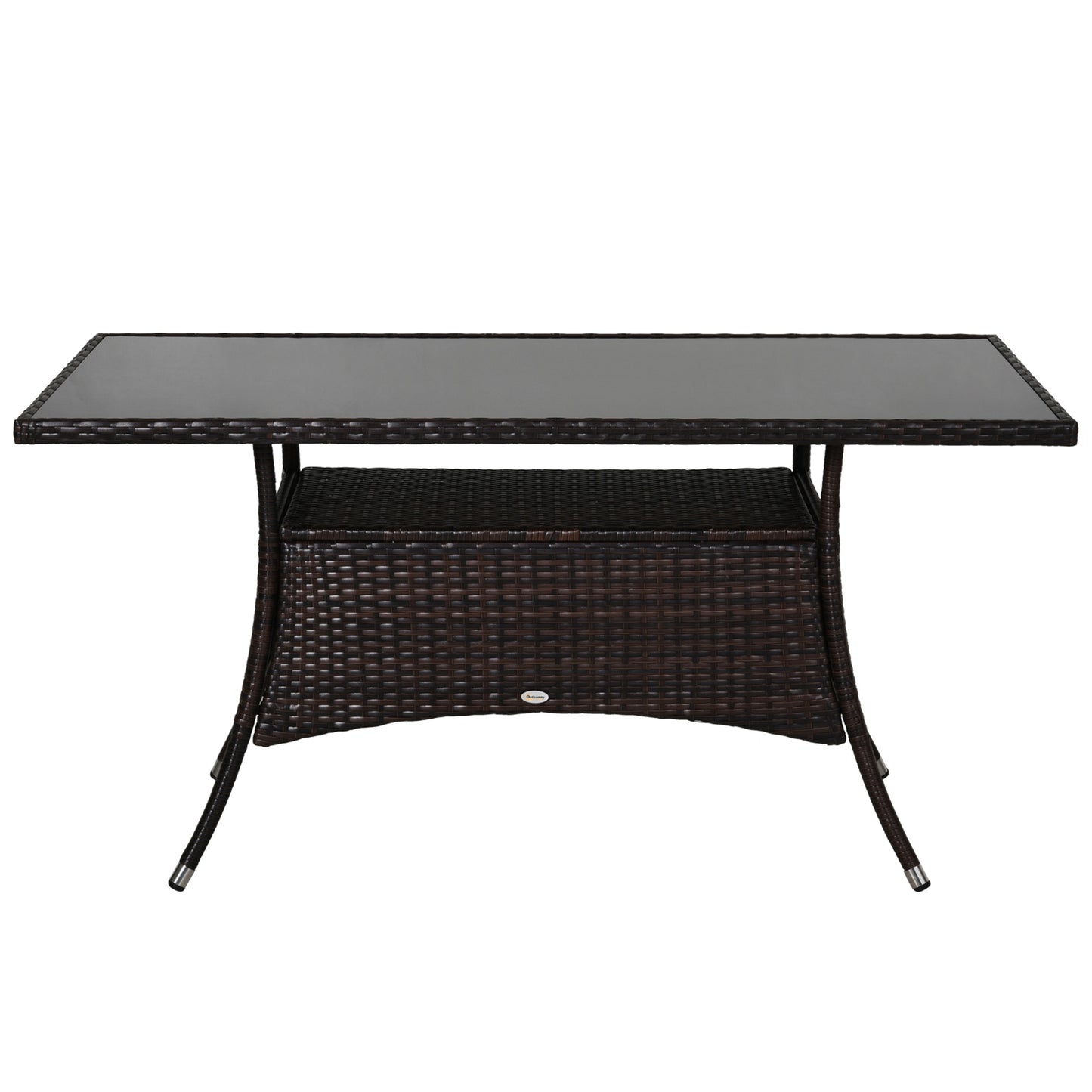 Garden Dining Table, Rattan with Glass Top, Storage Shelf , 59" x 34" x 29", Brown