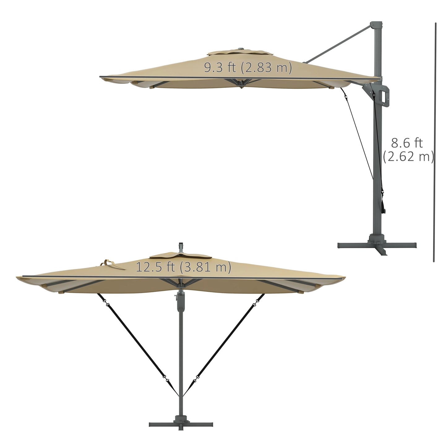 13 FT Cantilever Umbrella, Aluminum Hanging Offset with 360°Rotation, Crank, Tilt, Cross Base, in Khaki