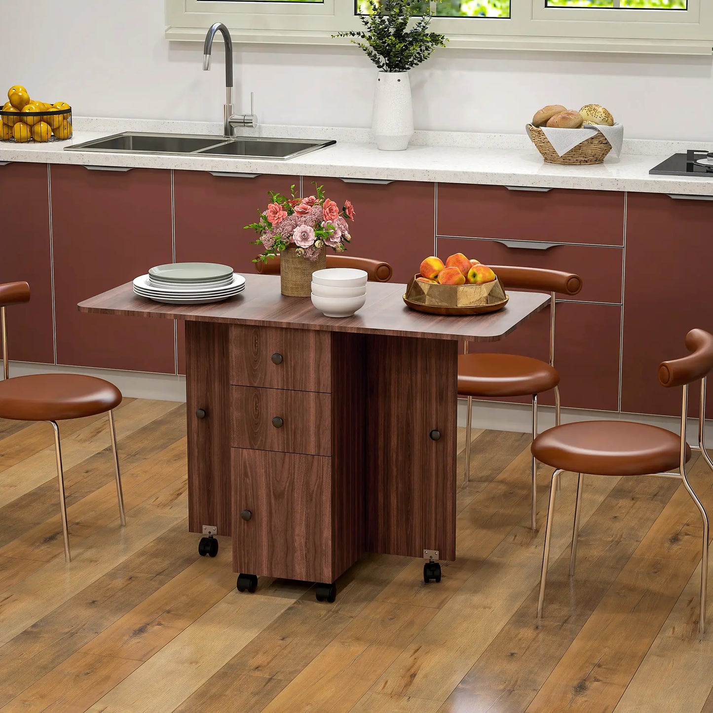 Drop Leaf kitchen Dining Table, on Wheels with Drawers and Cabinet in Brown