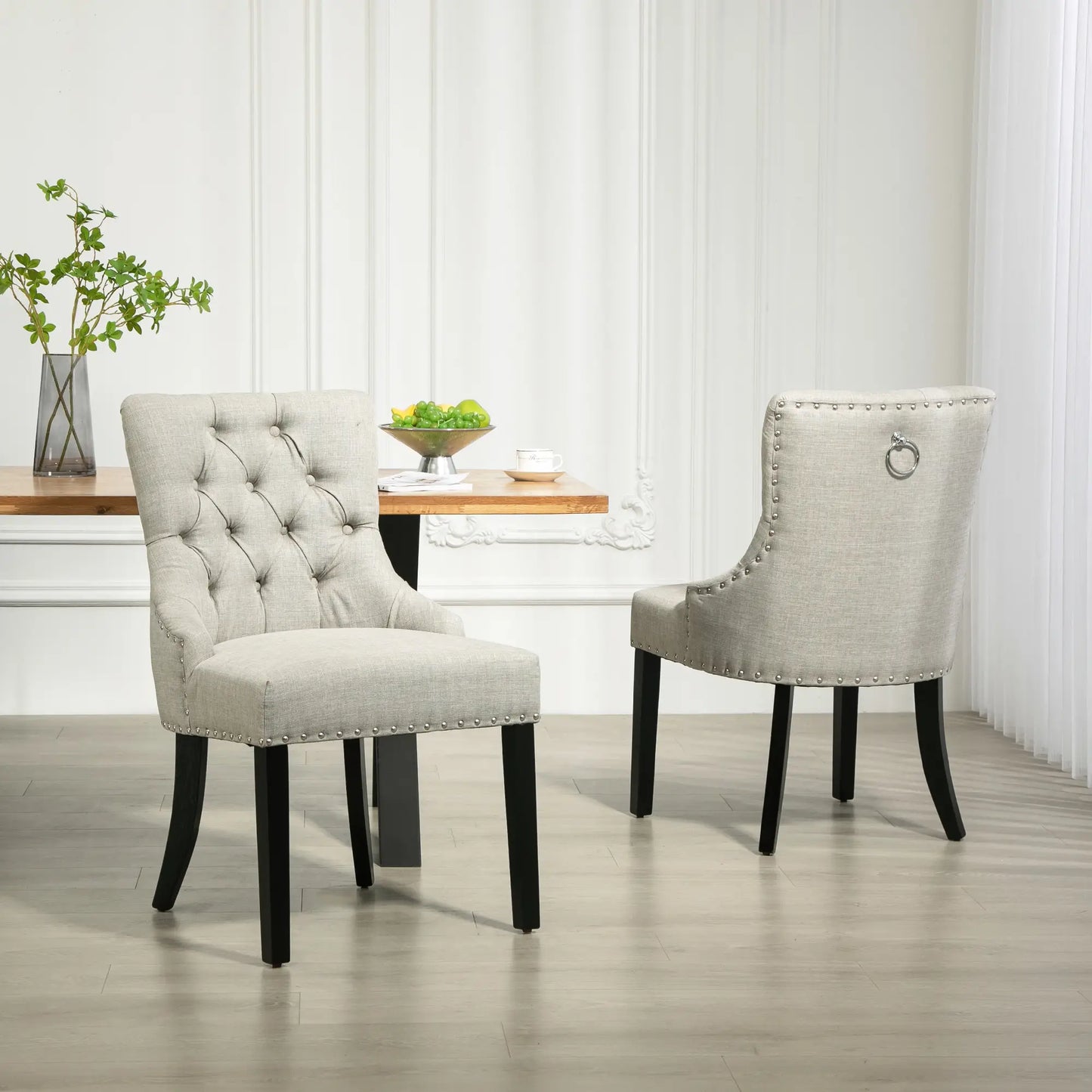 Swoop Air Linen Fabric Dining Chair Set of 2 with Nailhead Trim and Wood Legs Light Grey