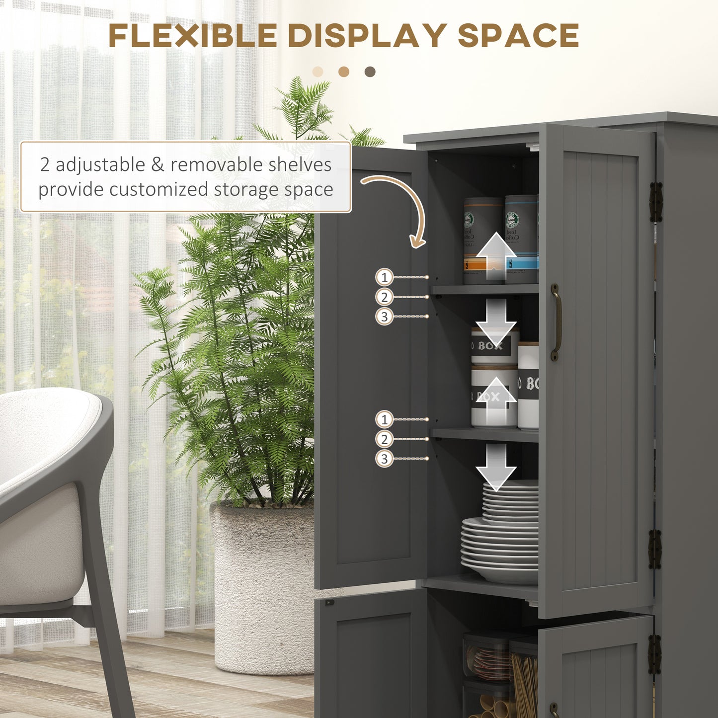 4-Door Storage Cabinet Multi-Storey Large Space Pantry with Adjustable Shelves Grey