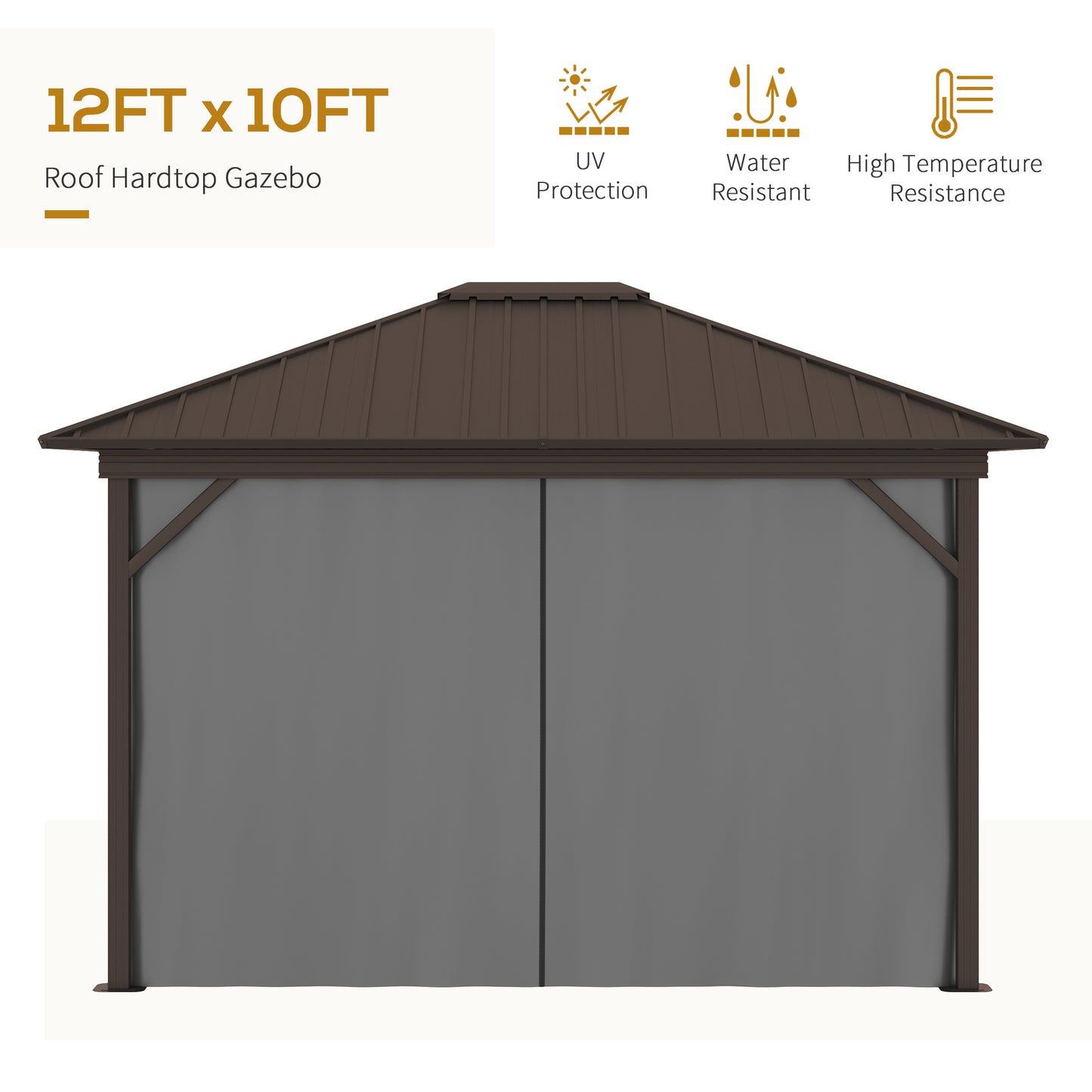 10' x 12' Hardtop Gazebo Canopy with Galvanized Steel Roof, Aluminum Frame, Permanent Pavilion Outdoor Gazebo with Netting, Curtains, Top Hook, Dark Grey