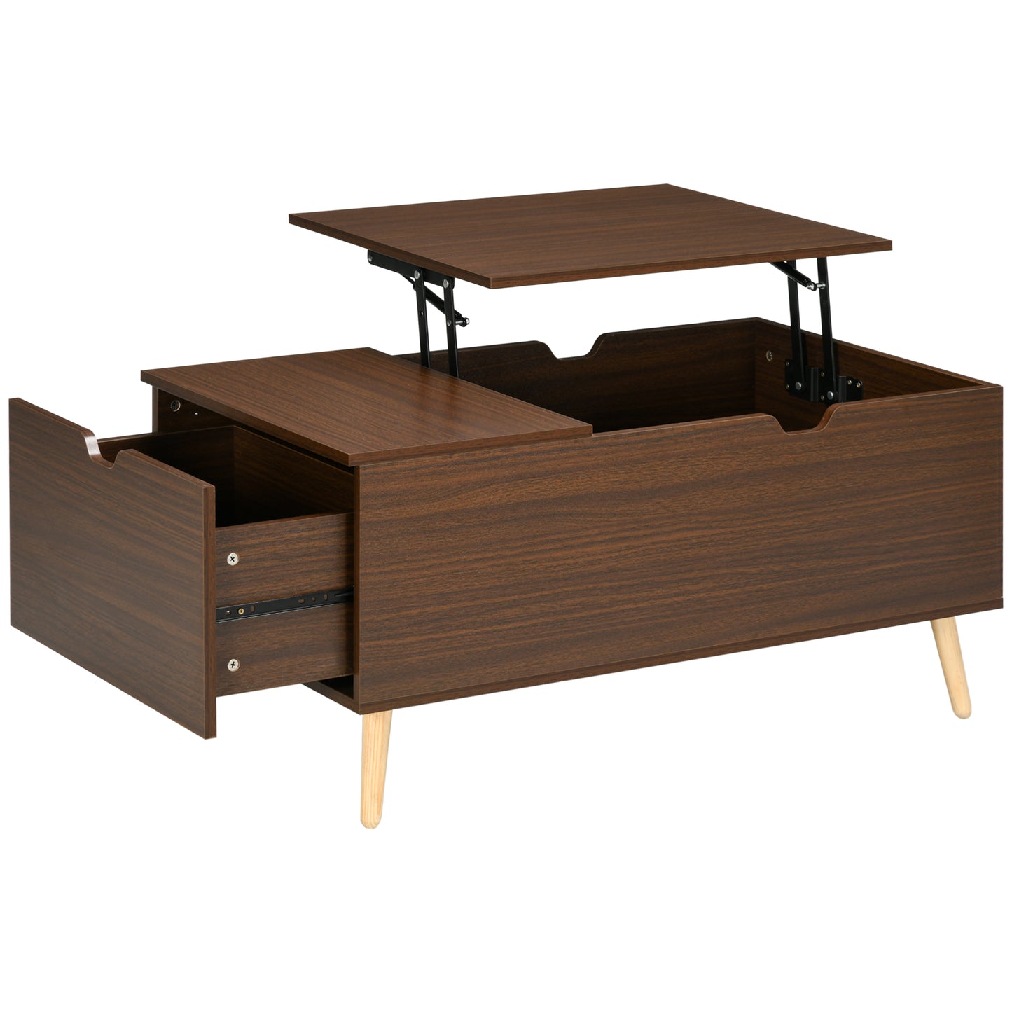 Coffee Table with Wood Legs, Lift Top Coffee Table with Drawer, Hidden Compartment, 38.6" x 21.3" x 18.9", Brown