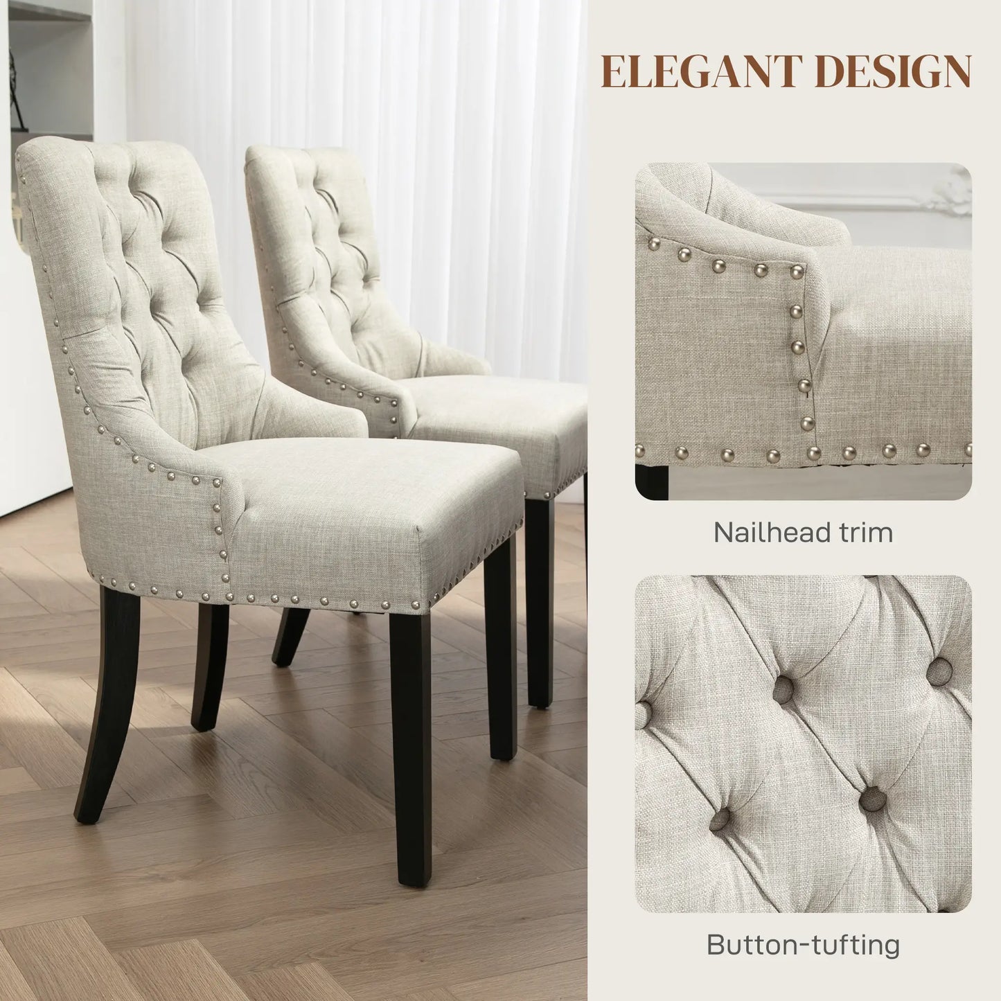 Swoop Air Linen Fabric Dining Chair Set of 2 with Nailhead Trim and Wood Legs Light Grey