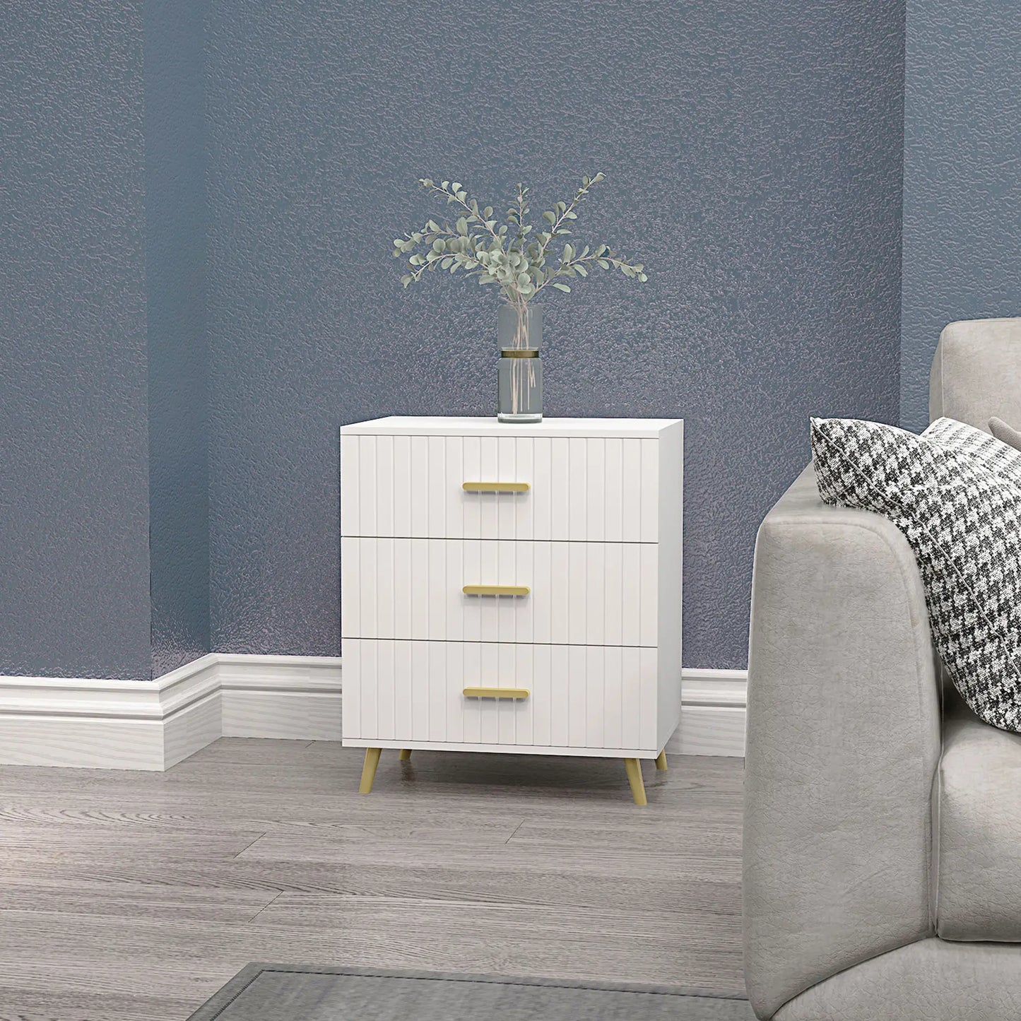 3 Drawer Drawer Chest with Aluminium Legs and Gold Handles, in White