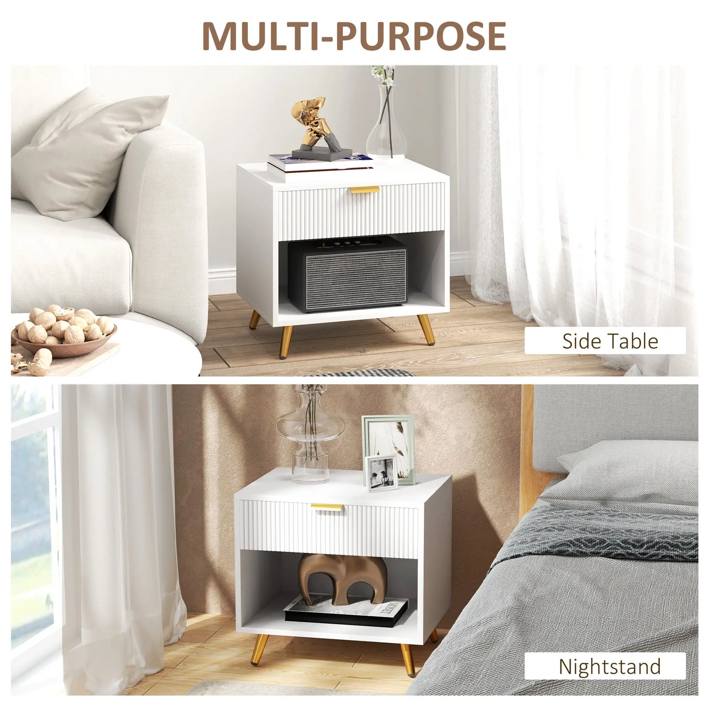 Nightstand with Fluted Panel, Bedside Table with Drawer and Open Compartment in White