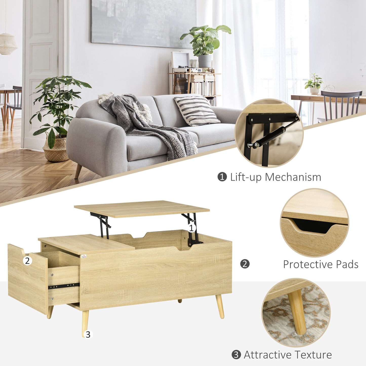 Coffee Table with Wood Legs, Lift Top Coffee Table with Drawer, Hidden Compartment, 38.6" x 21.3" x 18.9", Natural