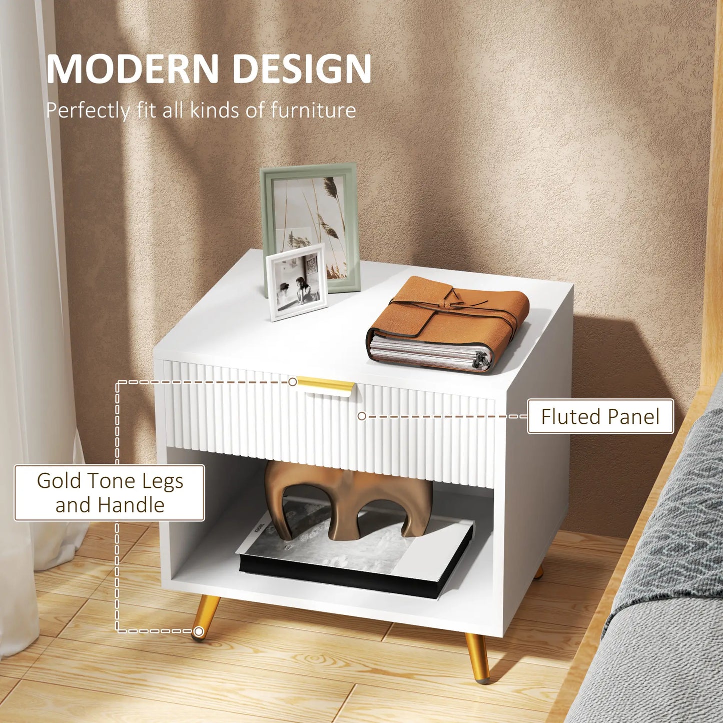 Nightstand with Fluted Panel, Bedside Table with Drawer and Open Compartment in White