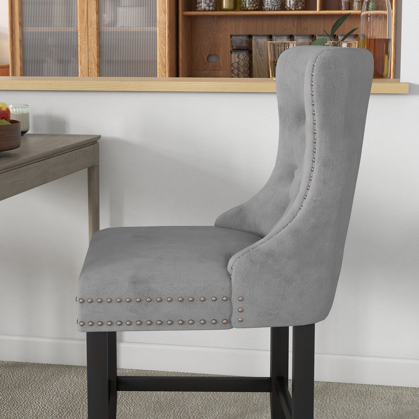 Upholstered Fabric Bar Stool Set of 2, Button Tufted 25.6" Seat Height Counter Chairs with Back & Wood Legs, Grey