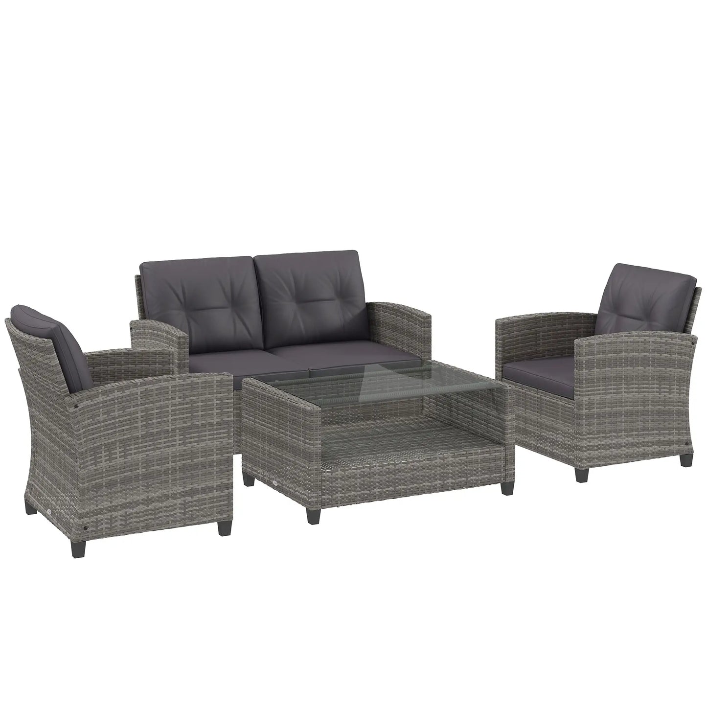 4 Piece Rattan Patio Furniture Set w/ Glass Table Top, Cushions for Backyard, Garden, Poolside, Deck, Charcoal Grey