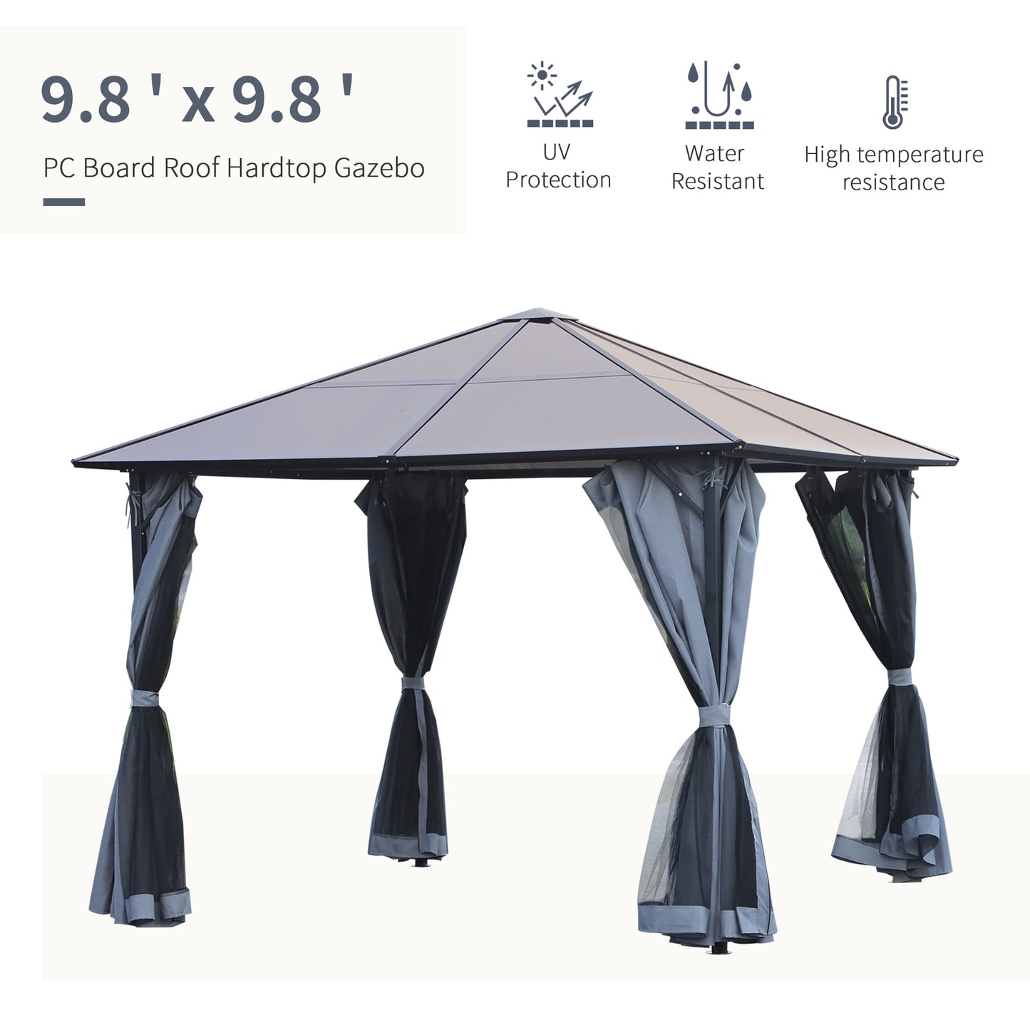 Outsunny 9.8' x 9.8' Garden Aluminium Gazebo Hardtop Roof Canopy Marquee with Mesh Curtains & Side Walls, Grey