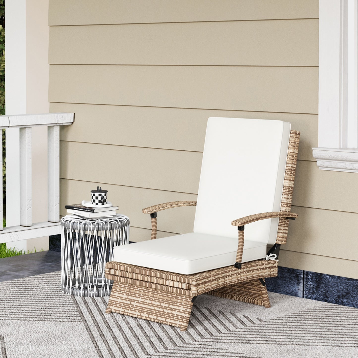 Outdoor Wicker Foldable Recliner Chair with Retractable Footrest, Cushion, White