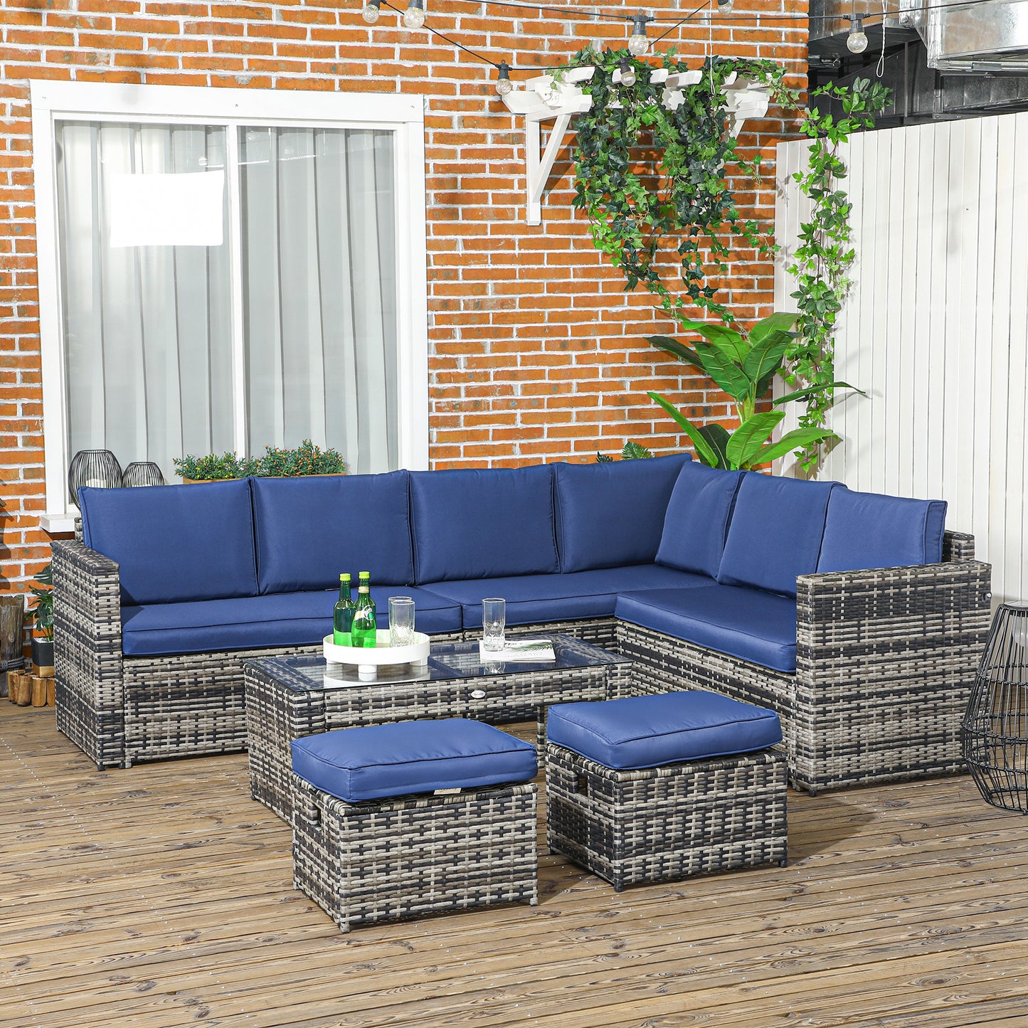 6pcs Garden Furniture Sofa Set, 8-Seater Outdoor Sofa Sectional with 3 Loveseat Wicker Sofa with Cushions