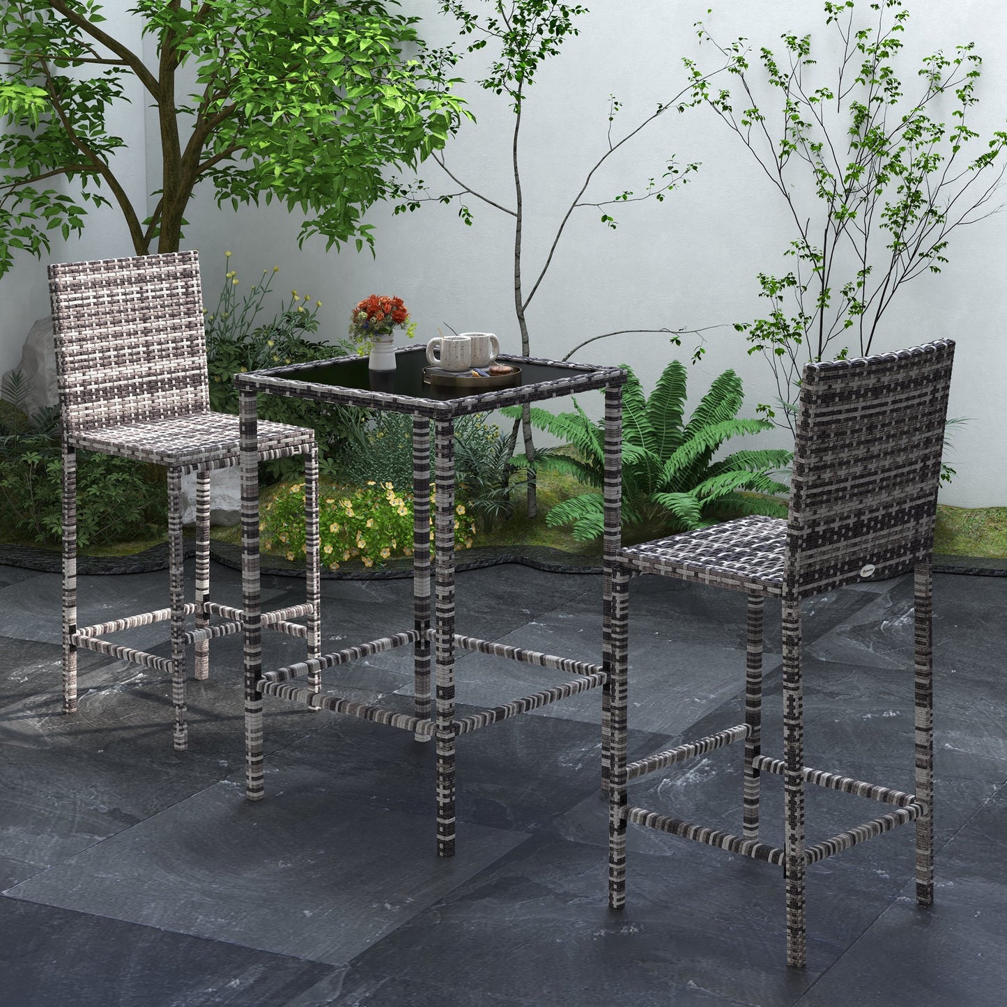 3 Piece Patio Bar Set Wicker Rattan Garden Bistro Set Barstool and Table for Patio Backyard Balcony Poolside, Grey