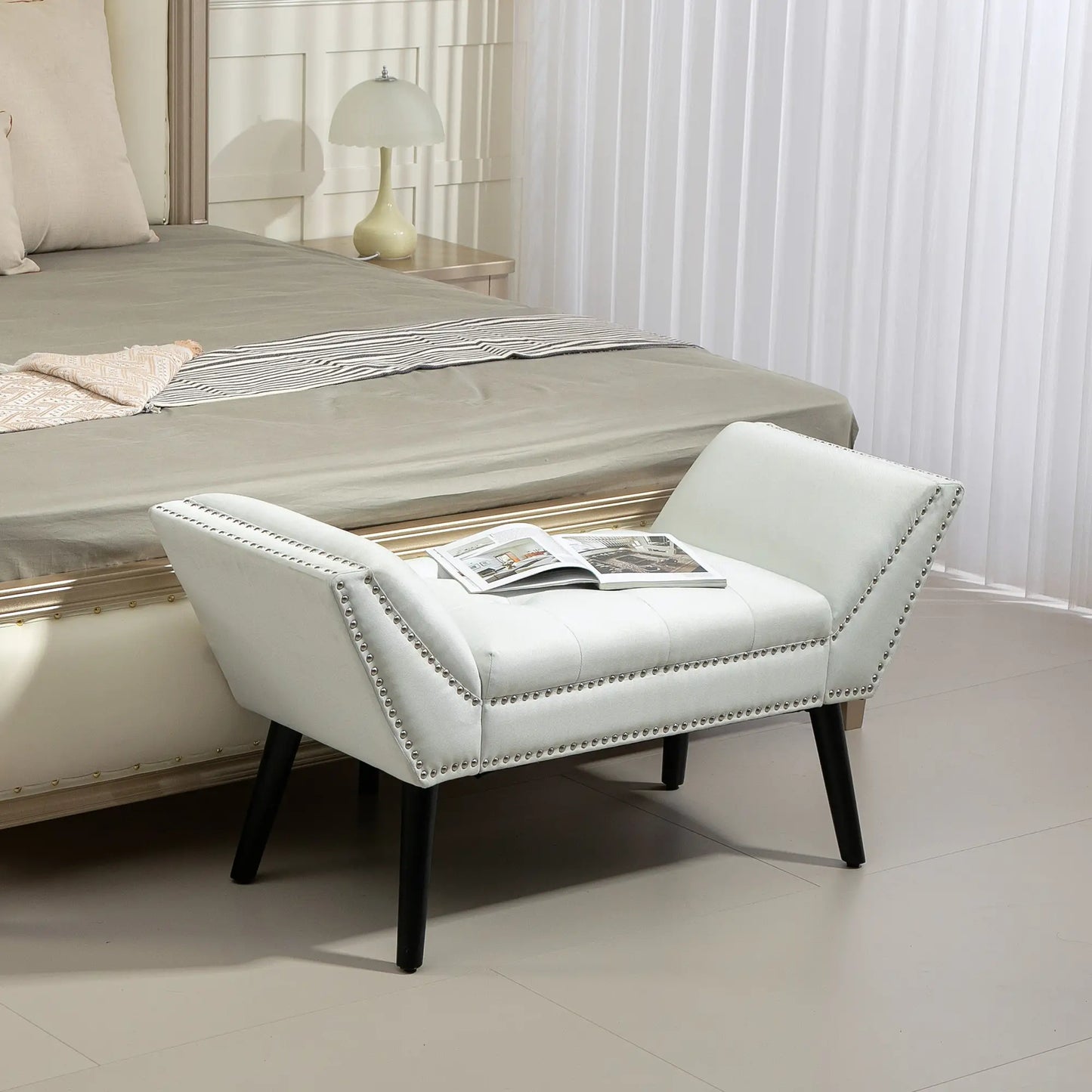 Modern Upholstered Bench with Arms and Nailhead Trim in white