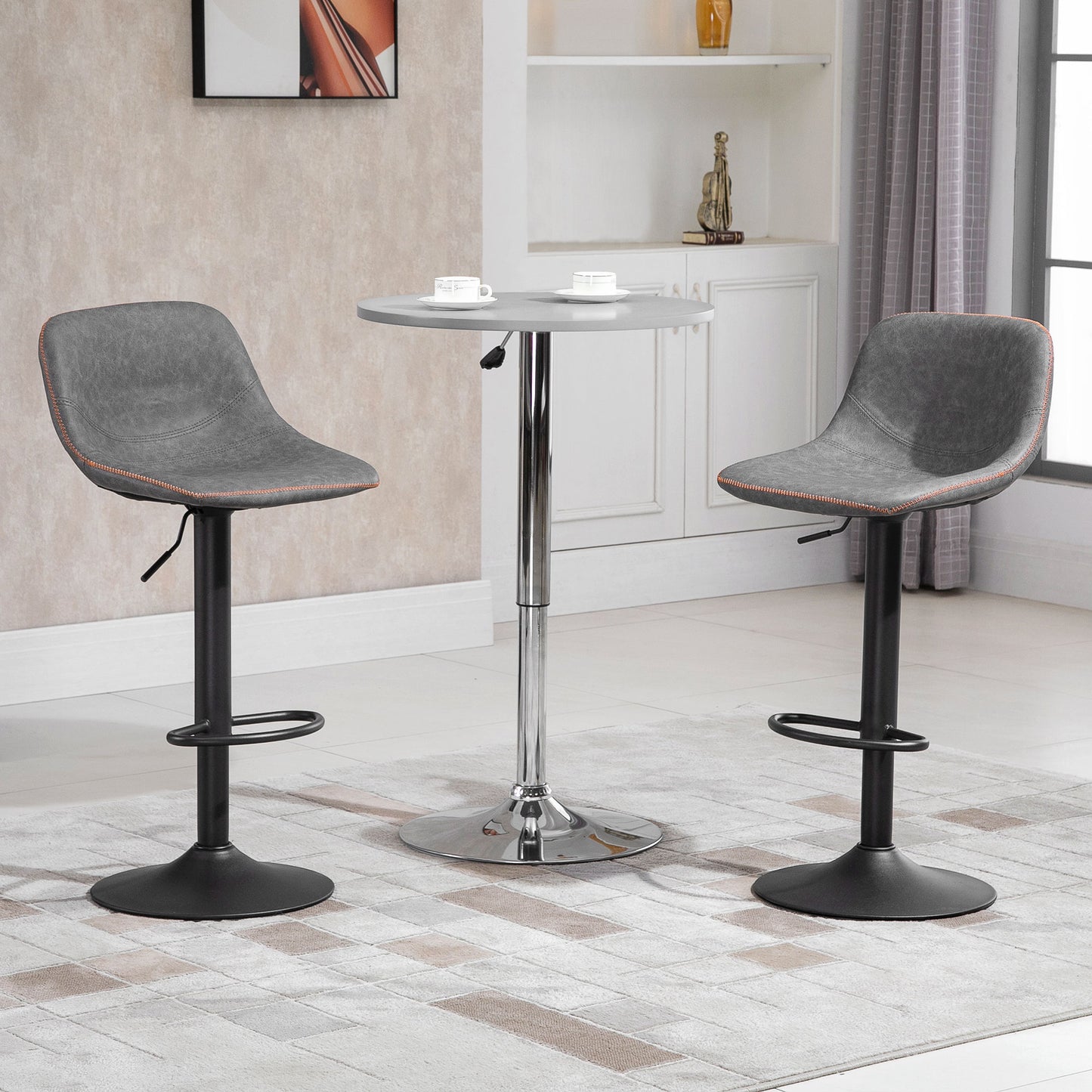 Stools Set of 2, Swivel Counter Height Bar Stools, Adjustable Bar Chair with Back and PU Leather Upholstery for Kitchen and Home Bar, Grey