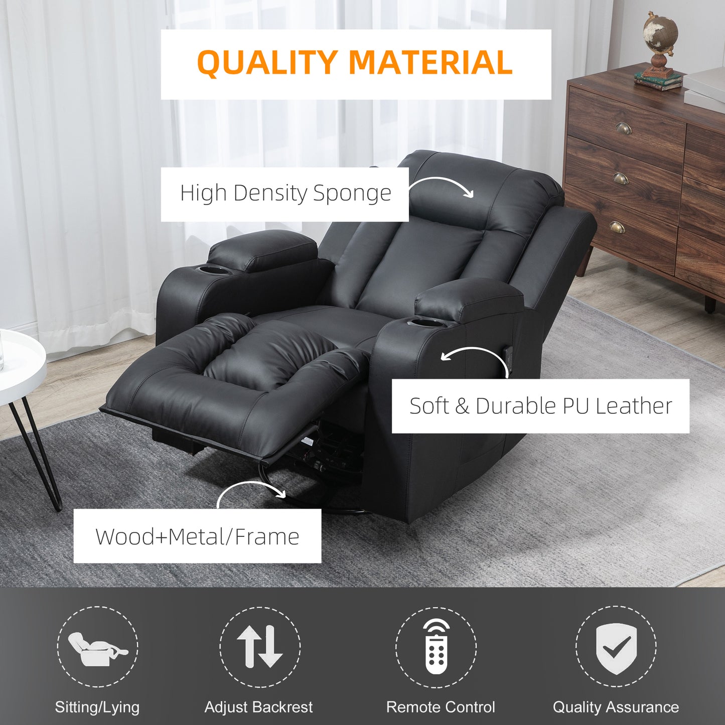 Massage Recliner Chair for Living Room with 8 Vibration Points, PU Leather Reclining Chair with Cup Holders, Swivel Base, Rocking Function, Black