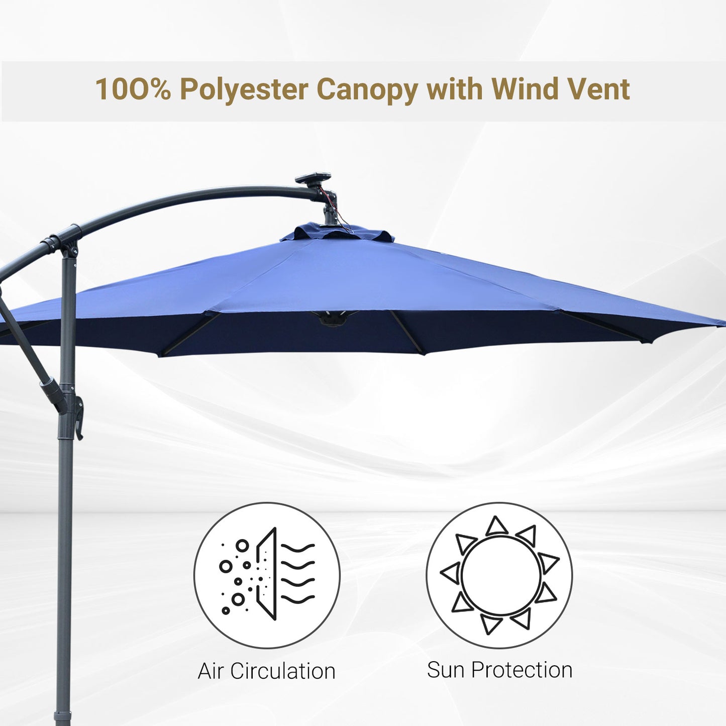 10ft Cantilever Solar Hanging Offset Umbrella Outdoor LED Lights Aluminum Market Banana Parasol Crank w/ Cross Base Garden Sun Shelter Blue