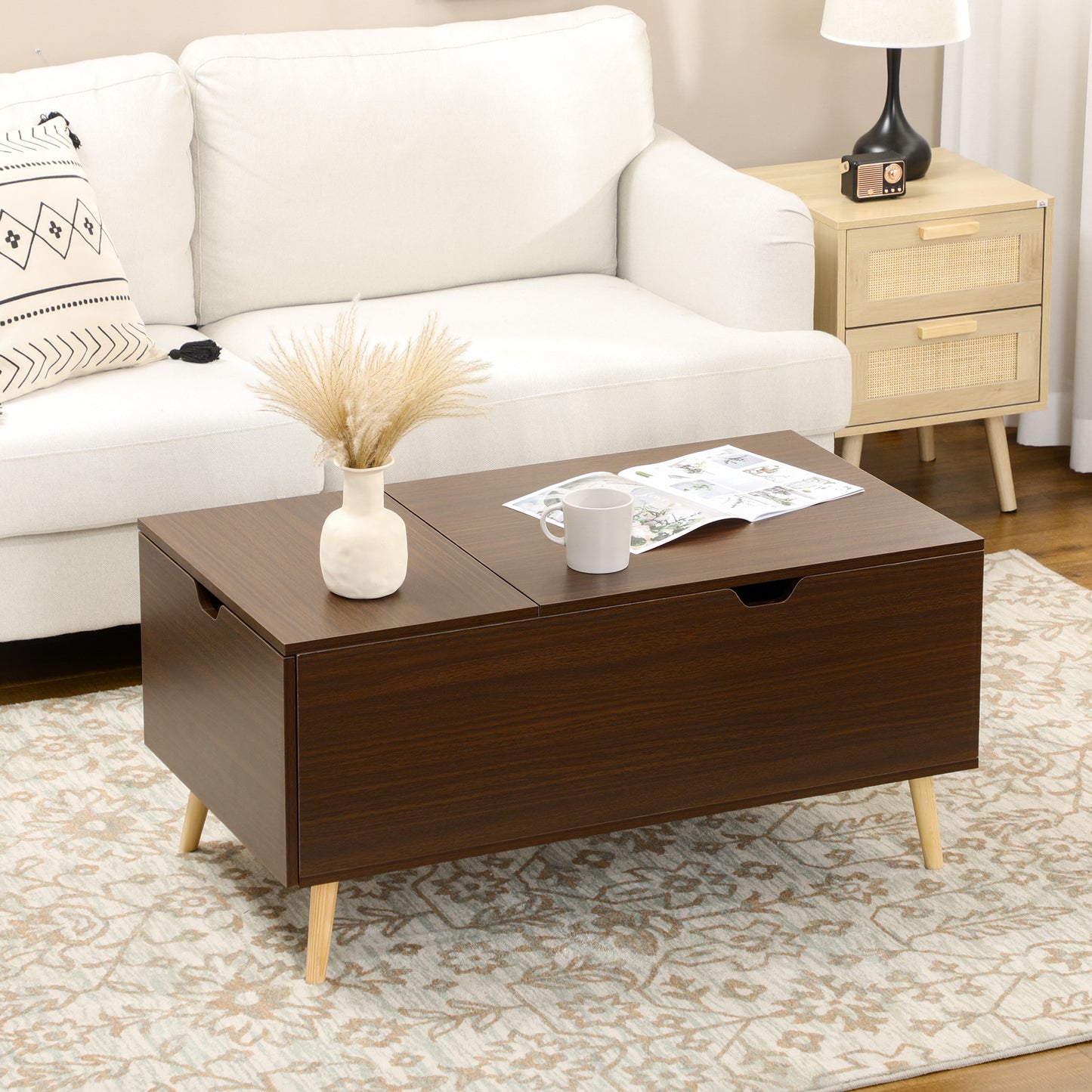 Coffee Table with Wood Legs, Lift Top Coffee Table with Drawer, Hidden Compartment, 38.6" x 21.3" x 18.9", Brown