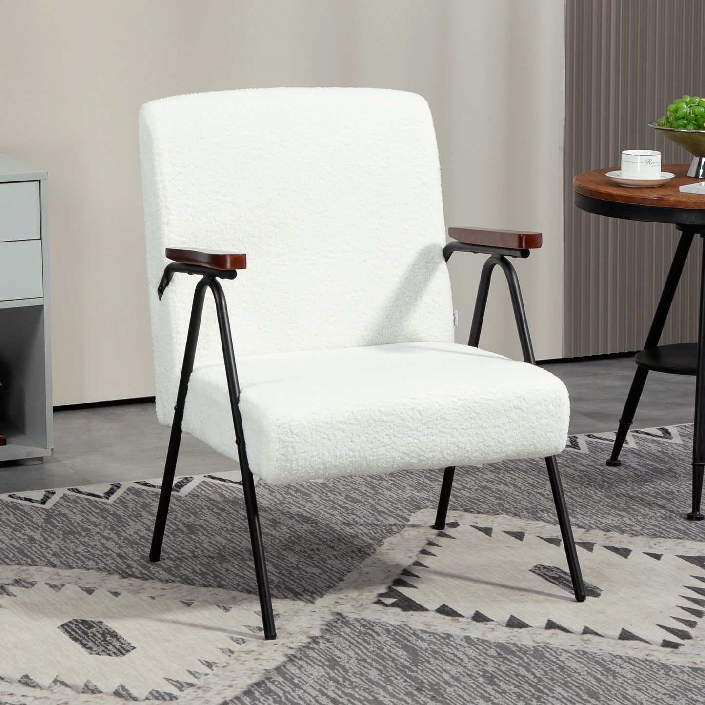 Modern Armchair, Upholstered Corduroy Accent Chair with Wood Arms and Steel Frame in white