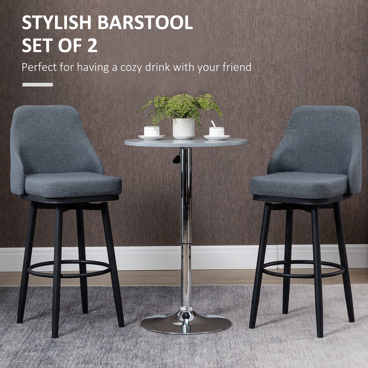 Tall Bar Stools Set of 2, Modern 360° Swivel, with Steel Legs Footrest, Charcoal Grey