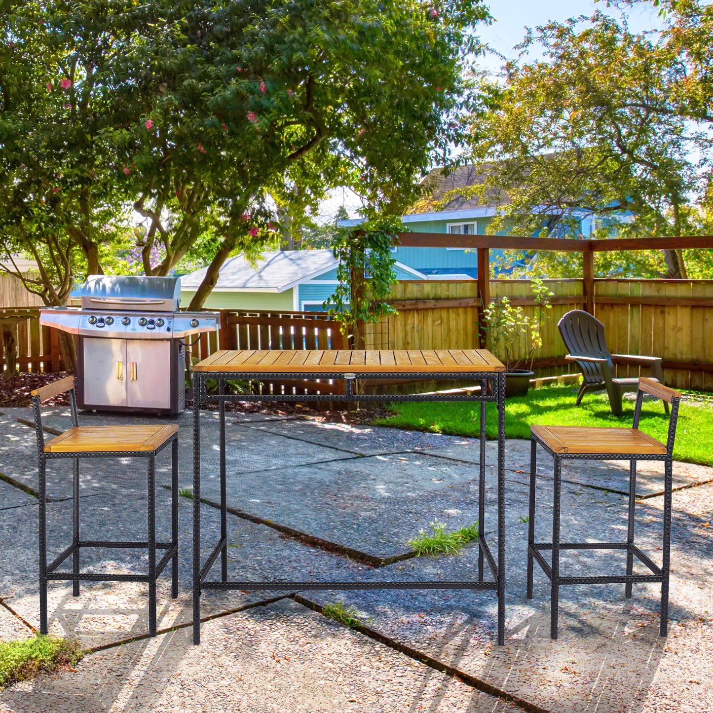 Outsunny 3-Piece Wicker Bar Set, Patio Bar Table Chair w/ Acacia Wood Top, 43.3" x 23.6" x 39.4", Dark Brown