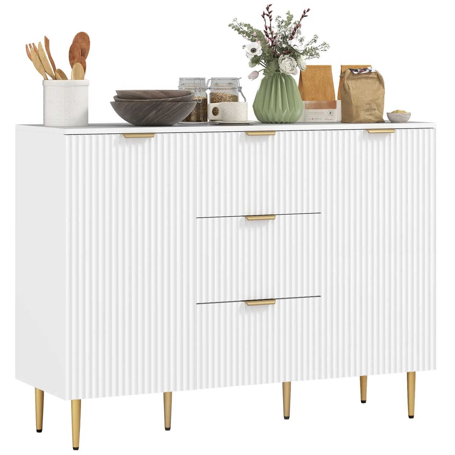 Sideboard Buffet Cabinet w/ 3 Drawers and Adjustable Shelves for Kitchen Hallway, White