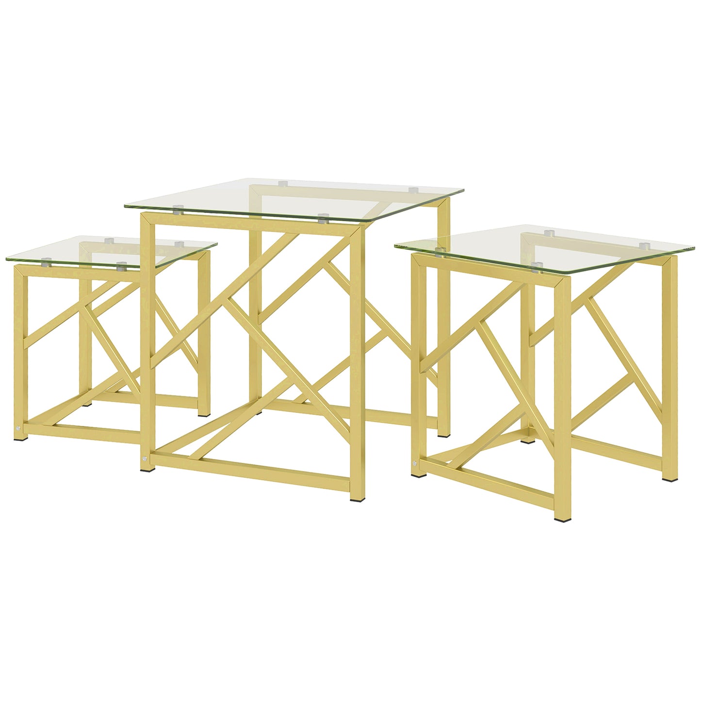 Glass Top Coffee Table, Set of 3, Nesting with Tempered Glass Top and Steel Frame, Gold