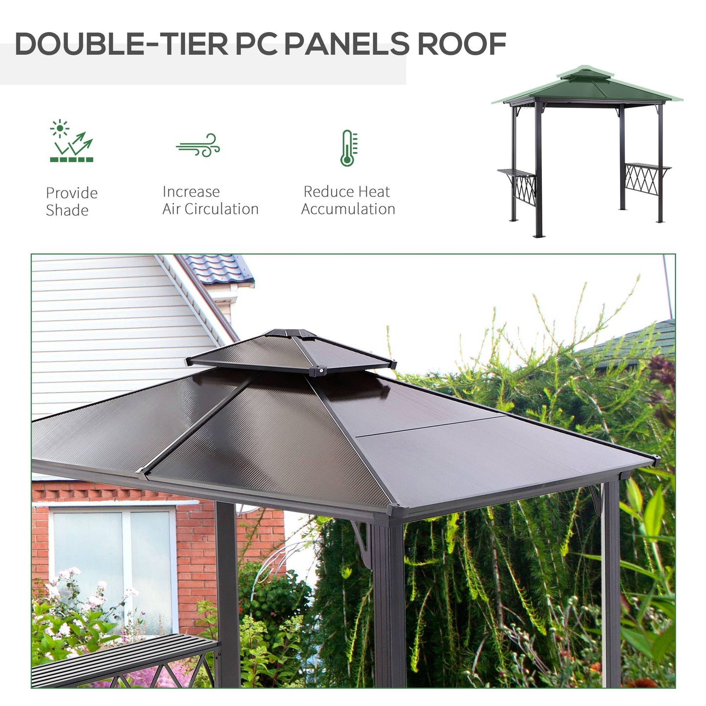 Outsunny Outdoor Hardtop Grill Gazebo Cooking BBQ Canopy w/ 6 Hooks for Utensils and Double Vented PC Roof, Coffee