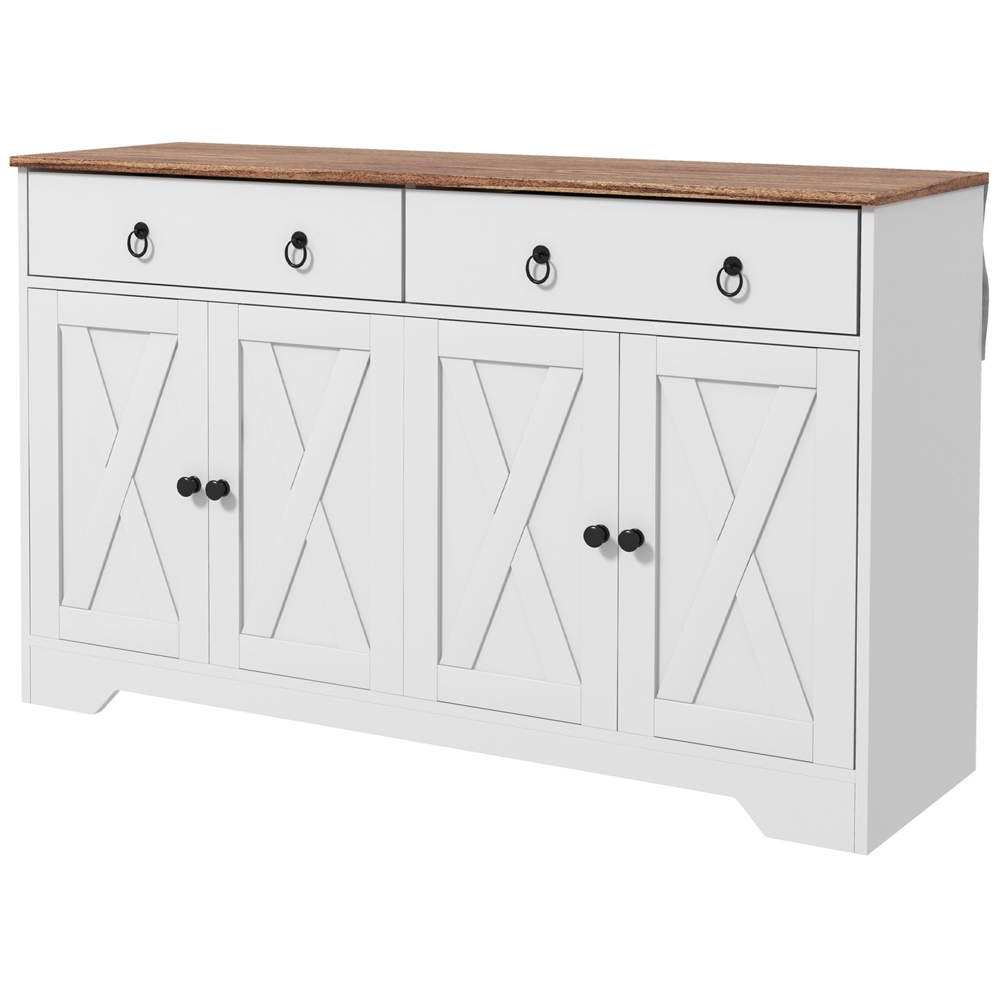 Sideboard Cabinet with 2 Drawers, 4 Barn Doors and 2 Adjustable Shelves, in White