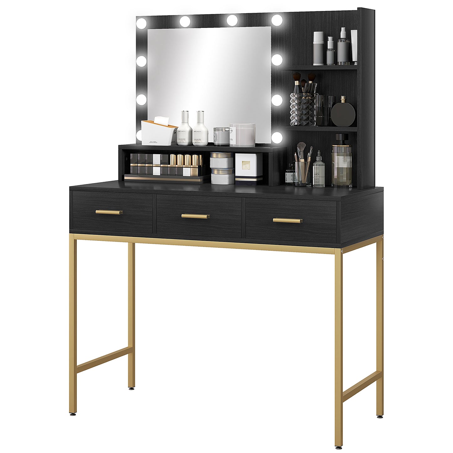 Illuminated Dressing Table, LED Vanity Table with Mirror, 3 Drawers and Storage Shelves for Bedroom, Black