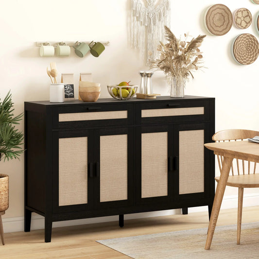 Boho Buffet Sideboard with Decorative Rattan Doors and Drawers, Black