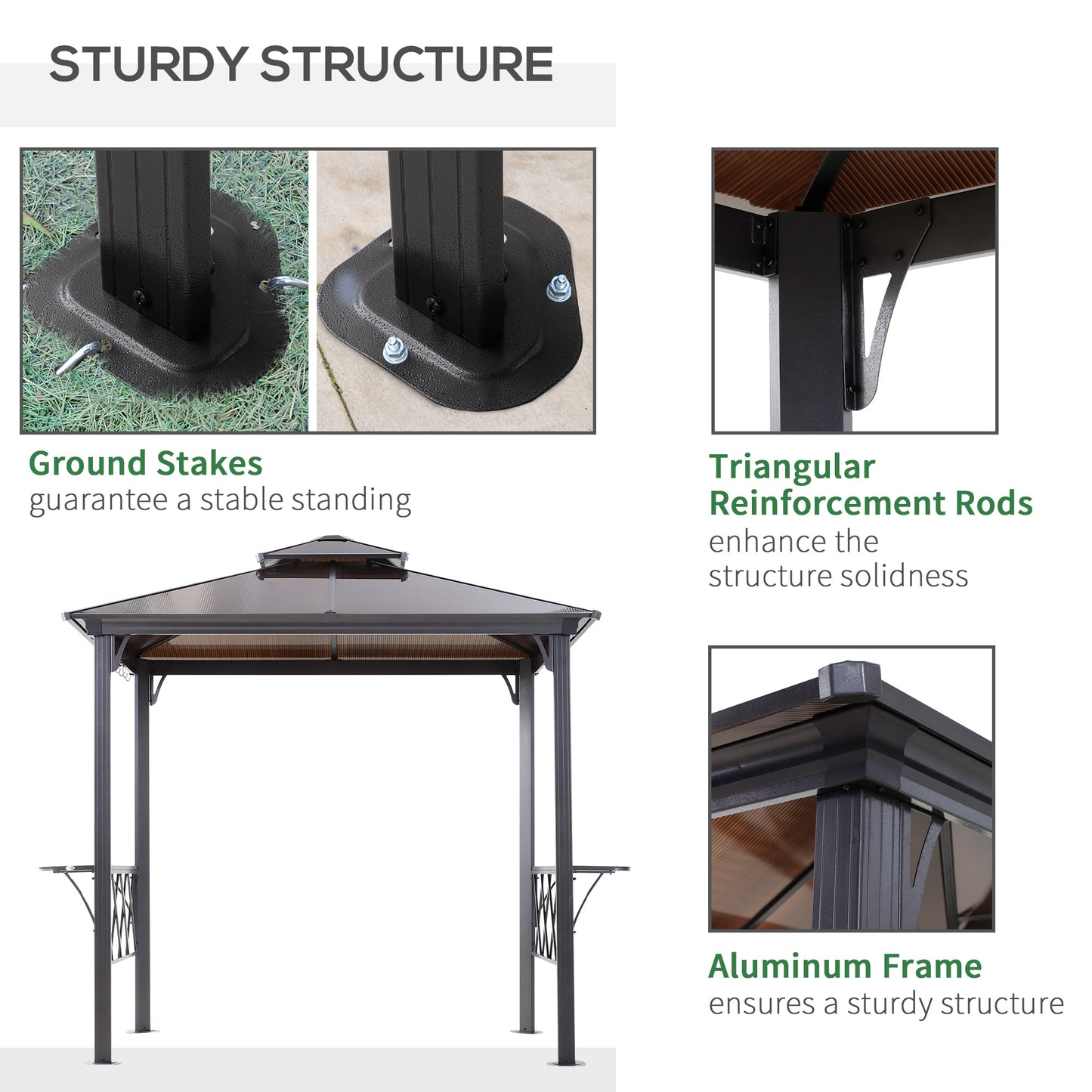 Outsunny Outdoor Hardtop Grill Gazebo Cooking BBQ Canopy w/ 6 Hooks for Utensils and Double Vented PC Roof, Coffee