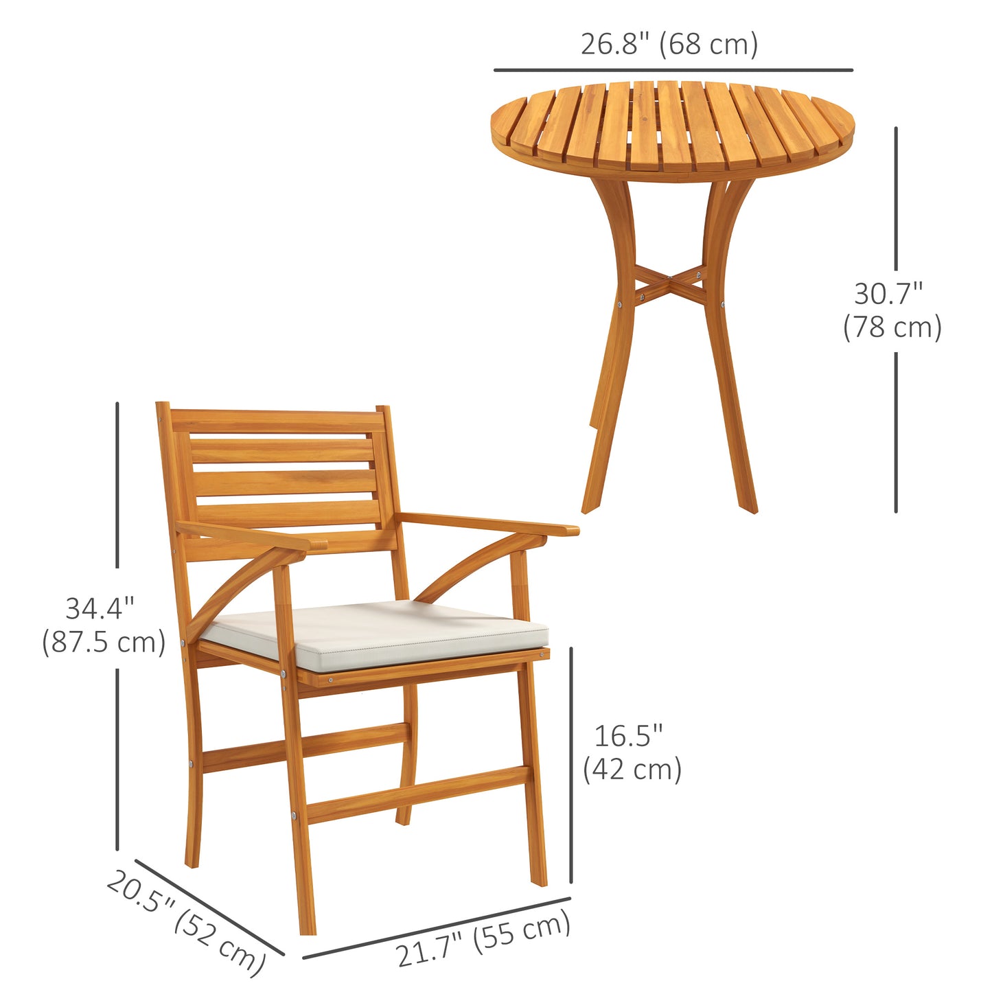 Piece Patio Set, Small Patio Table and Chairs, Wooden Outdoor Bistro Set w/ Cushions, Round Coffee Table, Brown