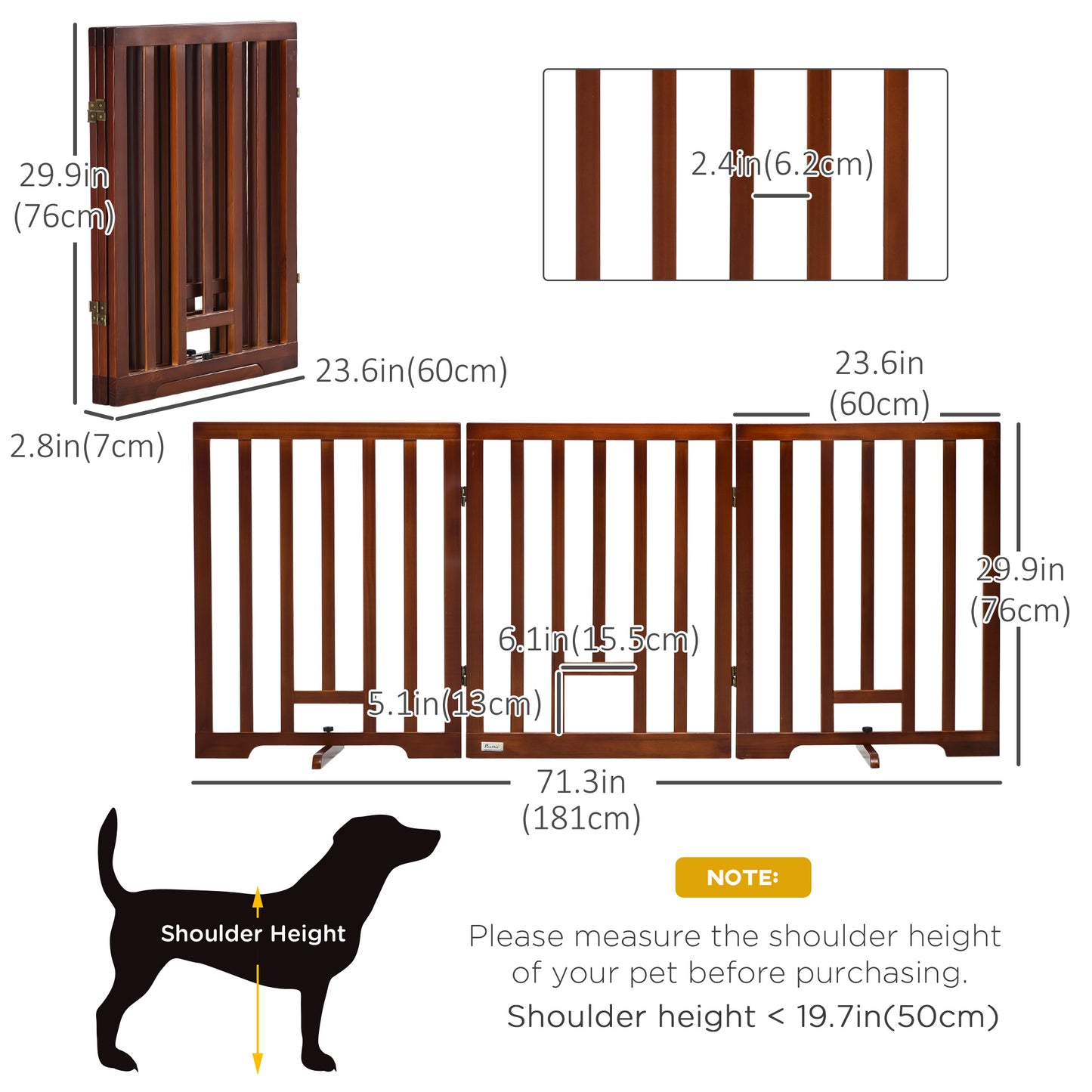 Freestanding Pet Gate with 2PCS Support Feet, 3 Panels Folding Dog Gates for the House Doorway Stairs, with Cat Door, Expands up to 71.3" Wide, 29.9" Tall, Espresso