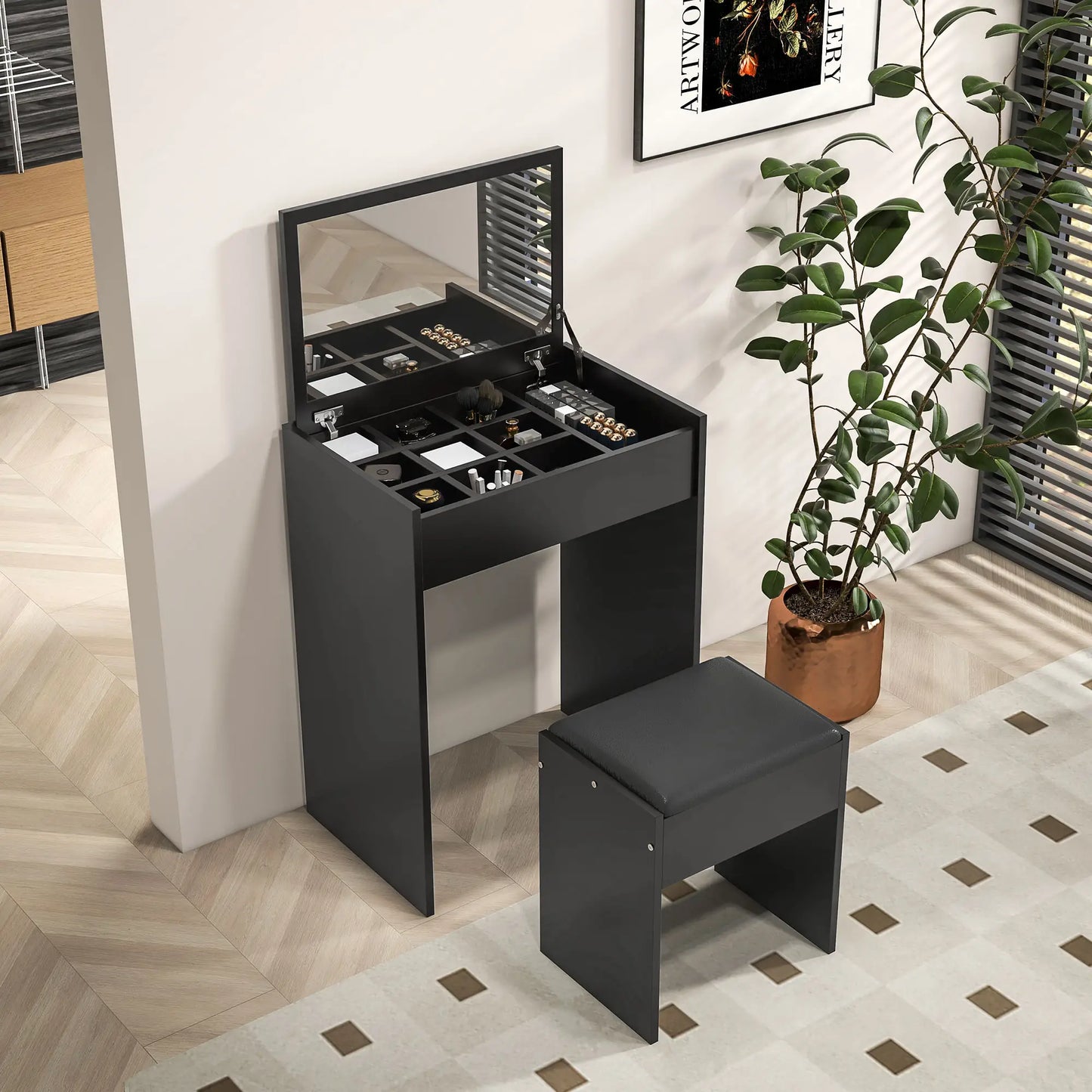 Modern Vanity Set with Makeup Table and Cushioned Stool, with Flip Top and Mirror, in Black