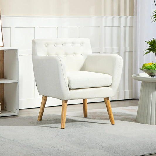 Mid-Century Modern Accent Chair with Wood Frame and Thick Padding, Cream White