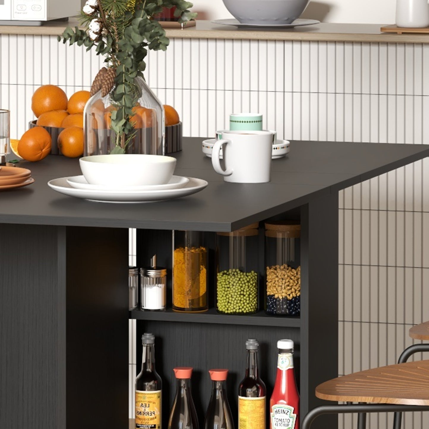 Foldable Dining Table with Storage Shelves, Drop Leaf, and Rolling Wheel