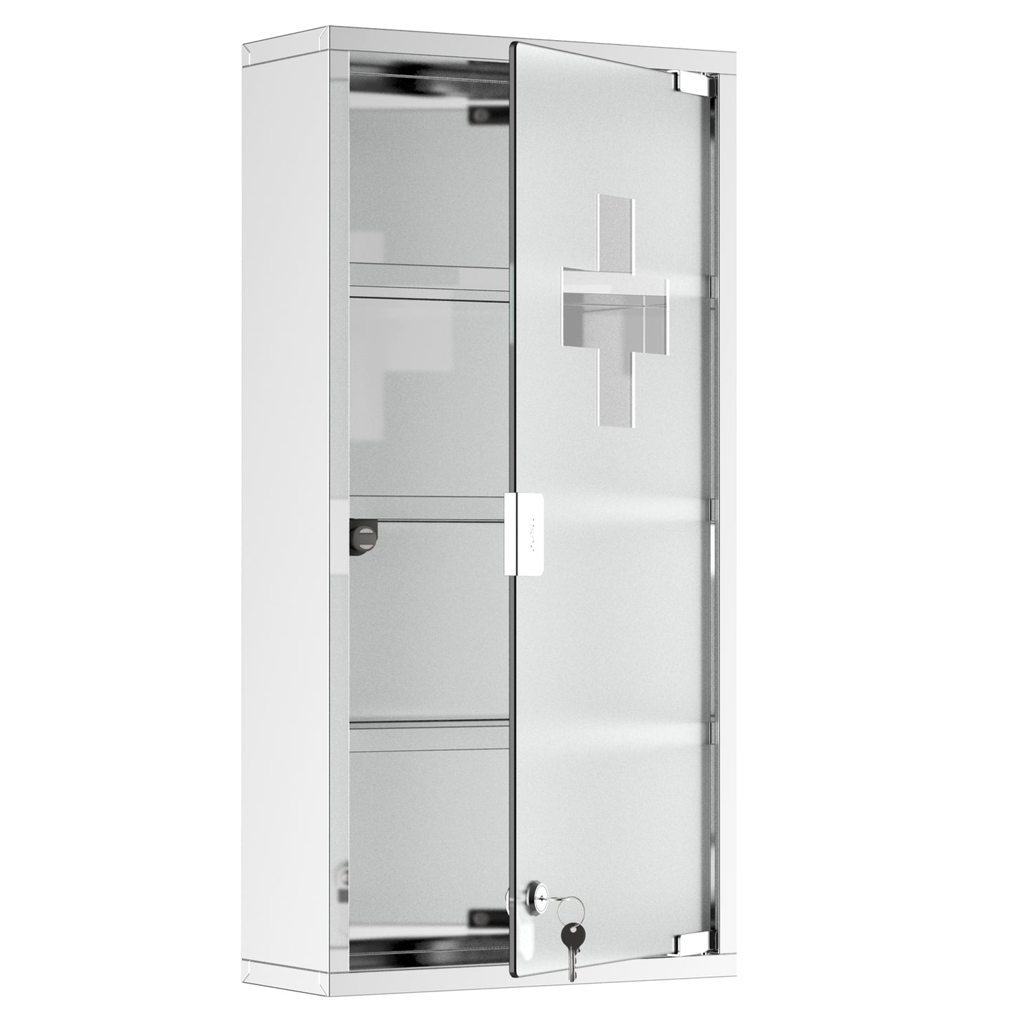 Stainless Steel Medicine Cabinet 4 Tier Frosted Door Lockable w/ 2 Keys Wall Mount First Aid Unit Home Safety Box