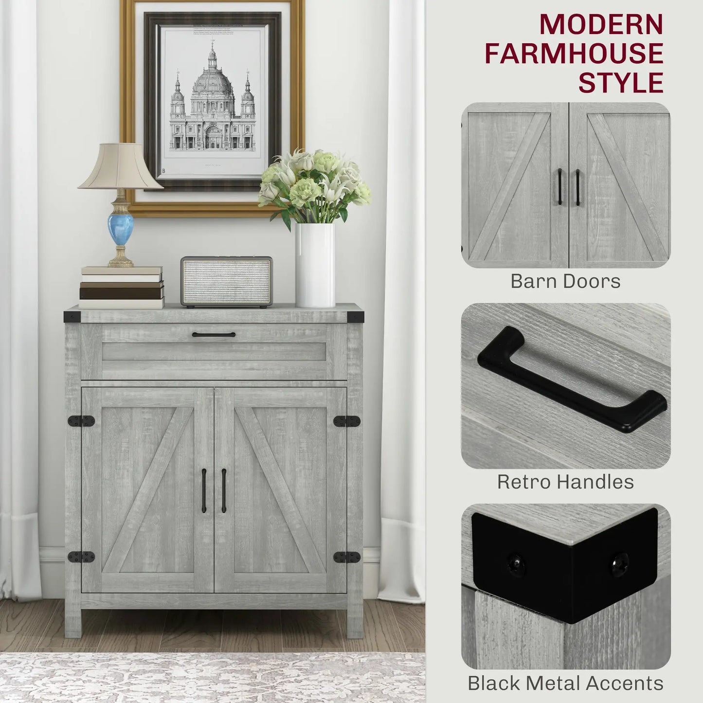 Farmhouse Kitchen Storage Cabinet or Entryway with 2 Rustic Barn Doors and Drawer, Light Grey