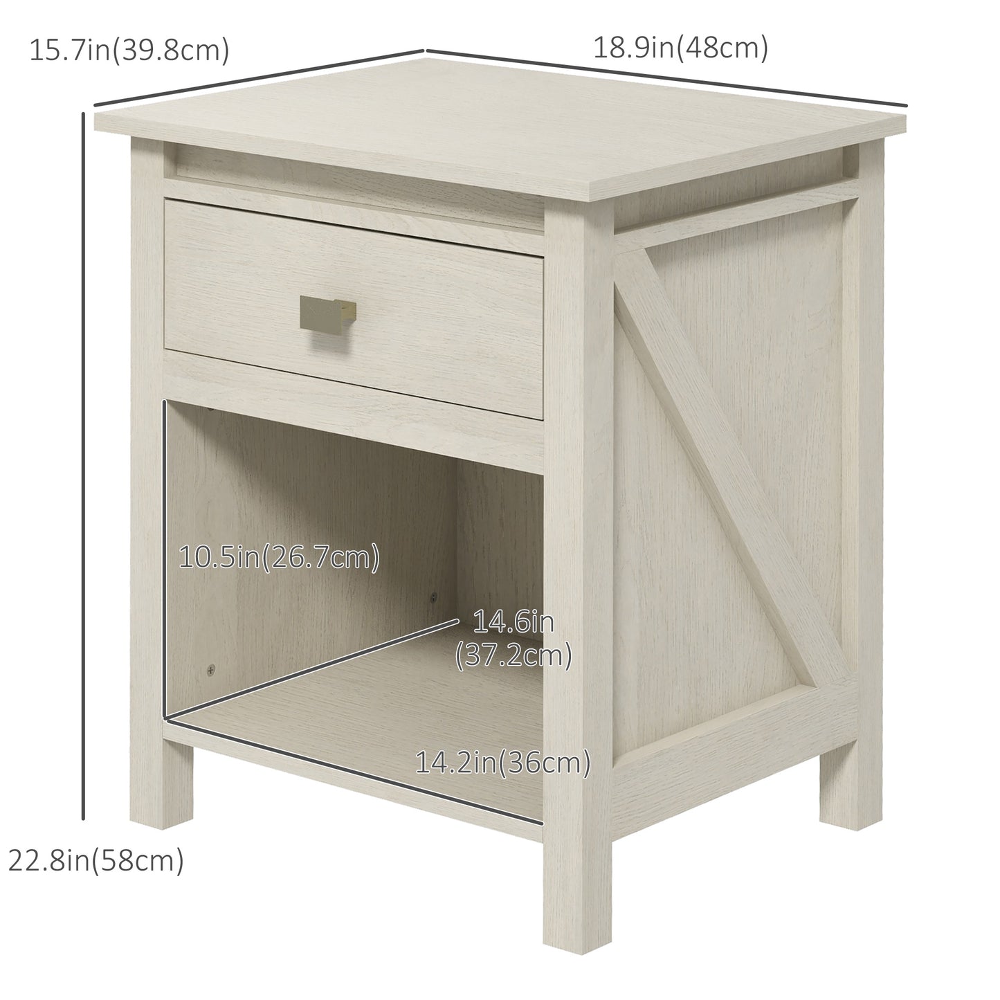 Bedside Table, Farmhouse Nightstand with with Drawer and Storage Shelf, Night Table for Bedroom, White