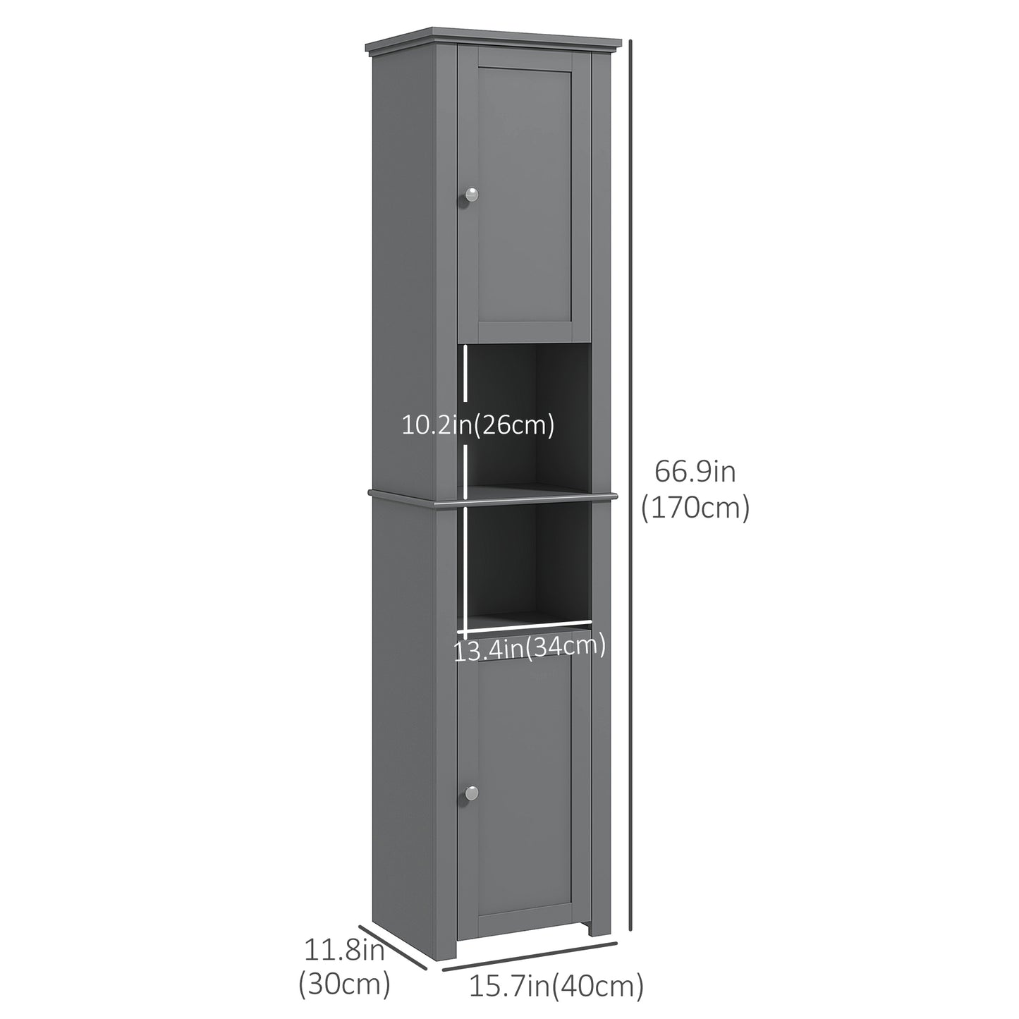 Tall Bathroom Linen Cabinet, Freestanding with Open Shelves and 2 Cupboards, Narrow Storage , Grey