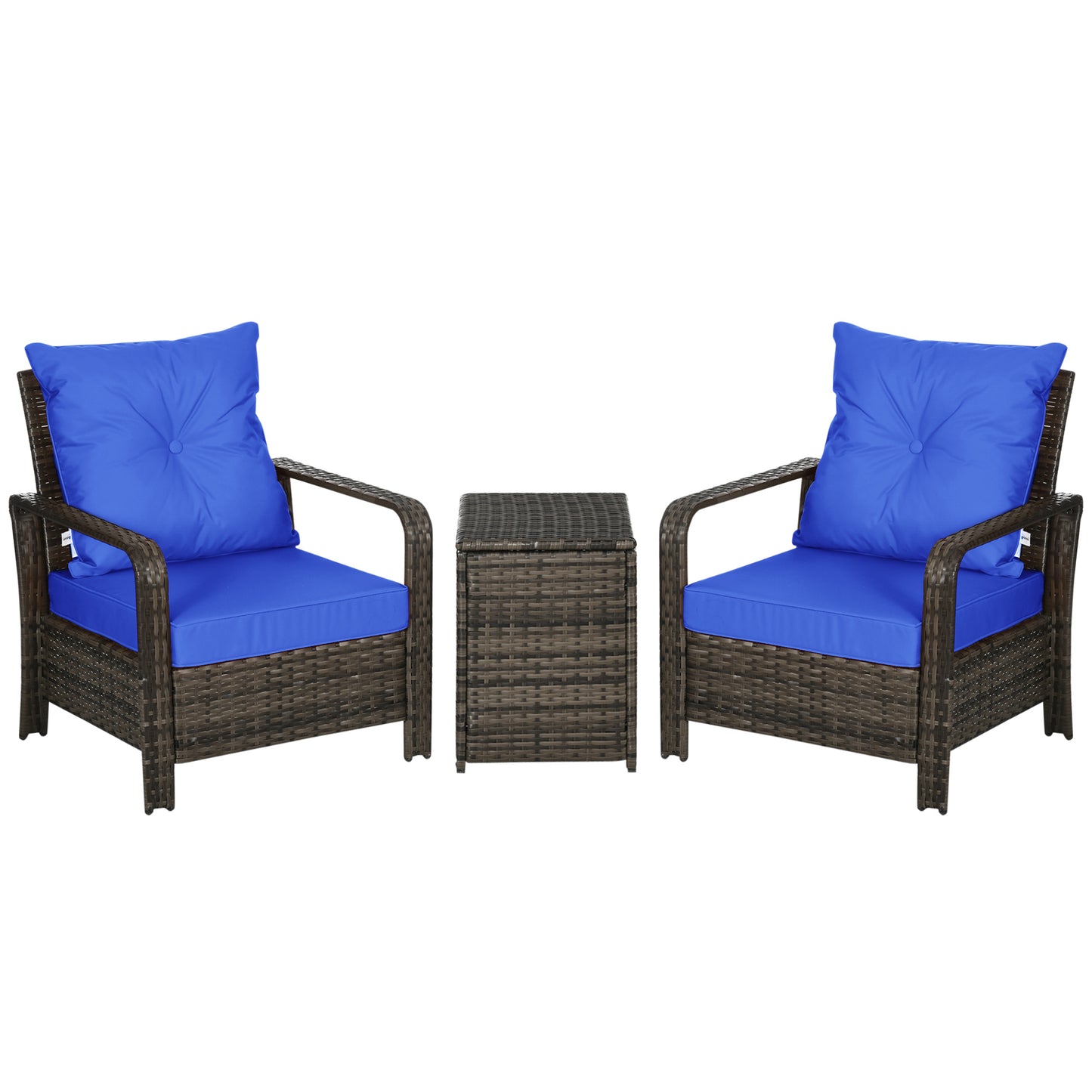 Outsunny 3 Pieces Patio Bistro Set, PE Rattan Garden Sofa Set with 2 Padded Chairs 1 Storage Table, Blue